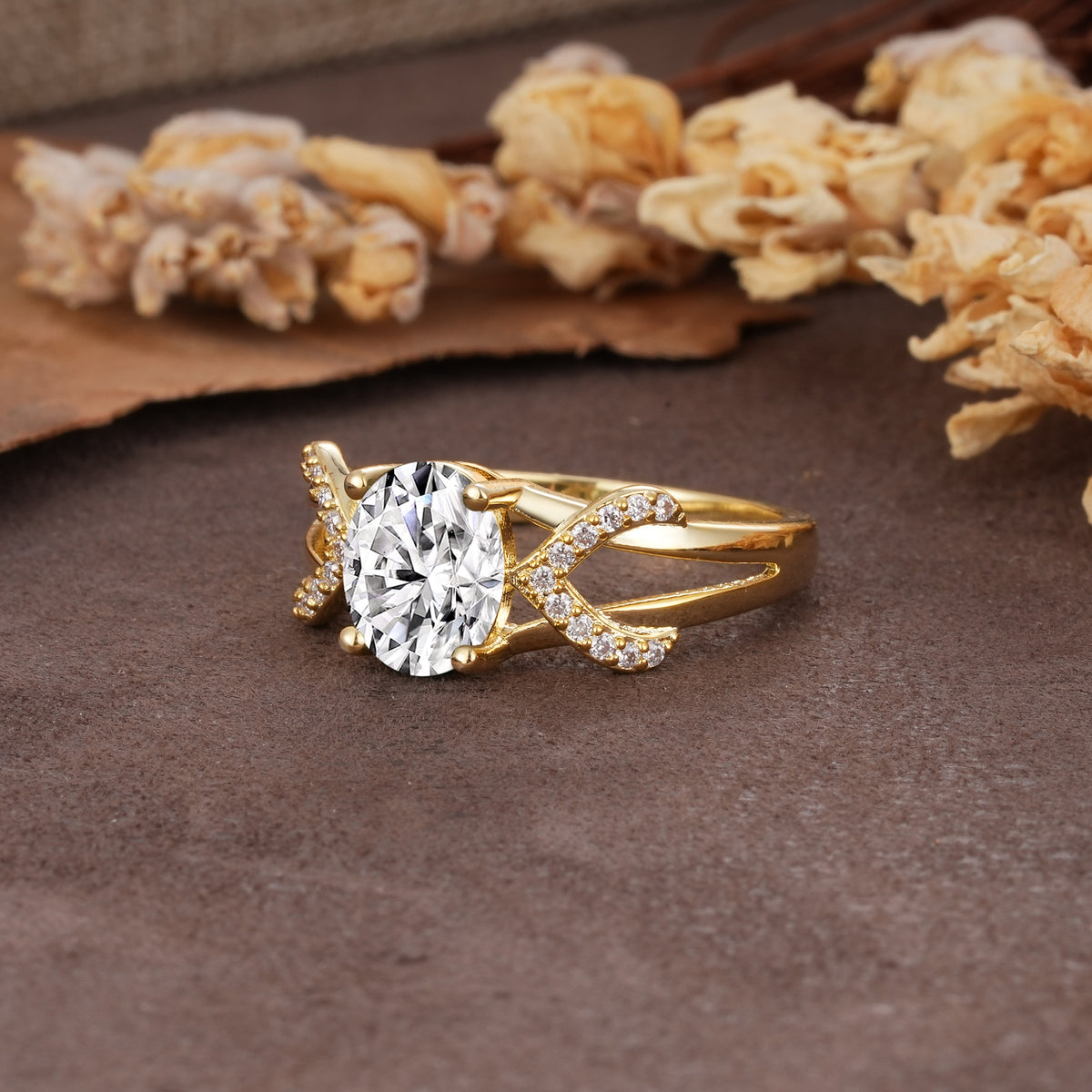 Dual Cross X Pave Accent Oval Cut Lab Diamond Engagement Ring - Additional view