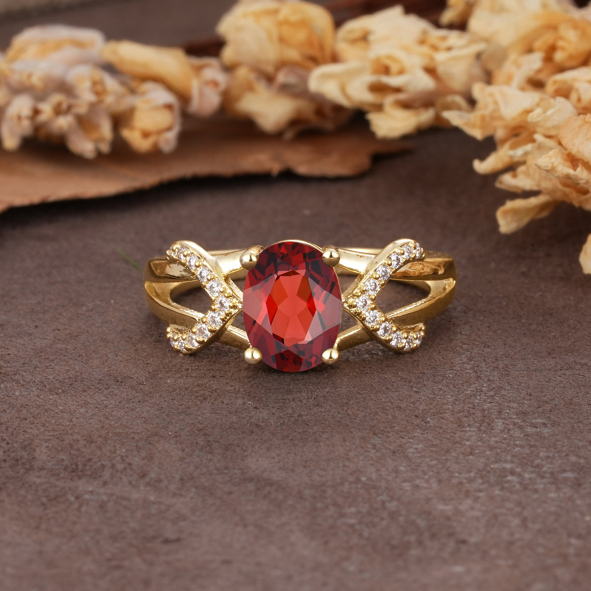 Dual Cross X Pave Accent Oval Cut Garnet Engagement Ring - Additional view