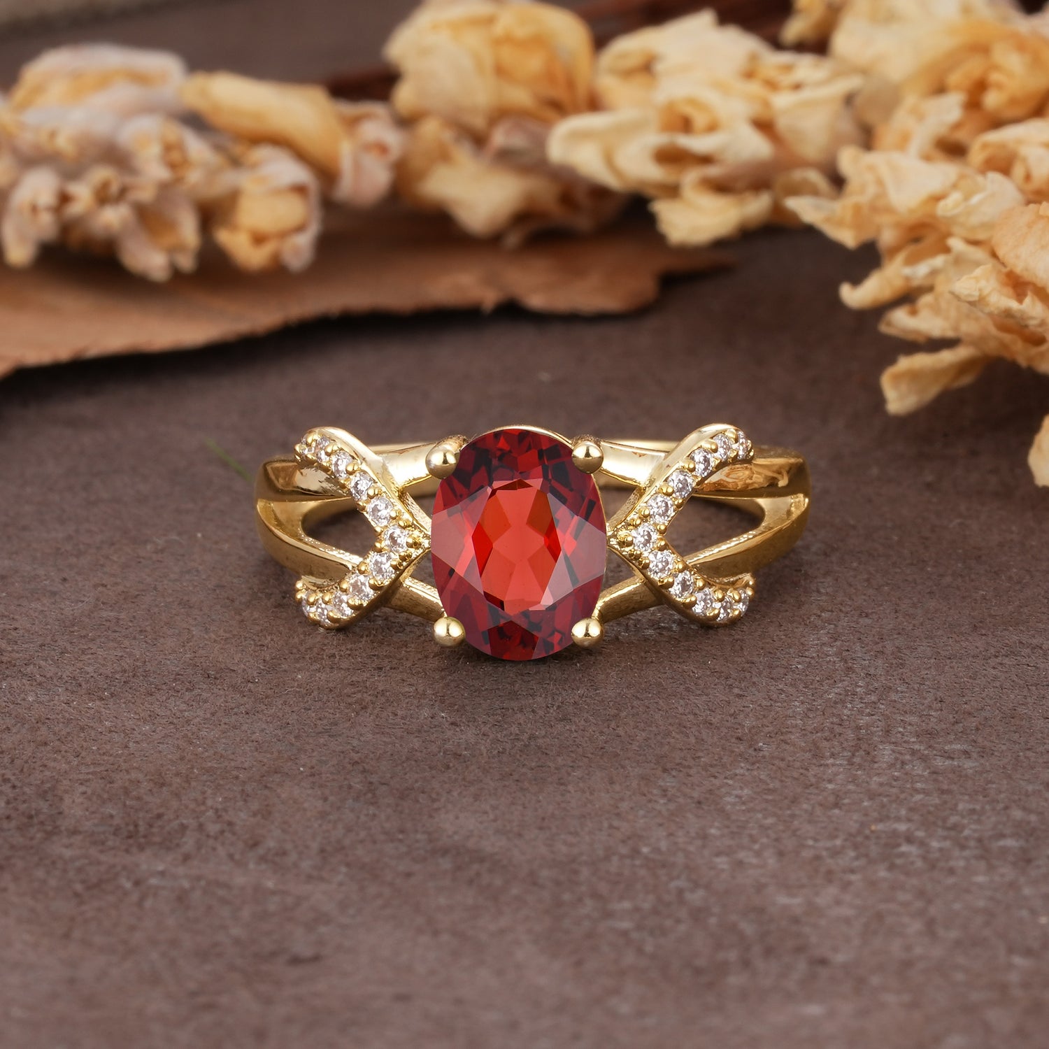 Dual Cross X Pave Accent Oval Cut Garnet Engagement Ring - Additional view