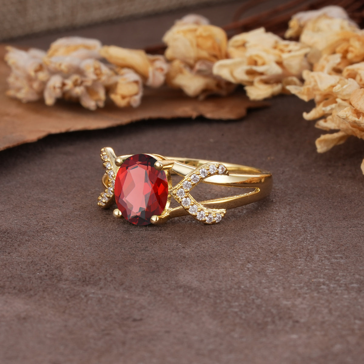 Dual Cross X Pave Accent Oval Cut Garnet Engagement Ring - Additional view