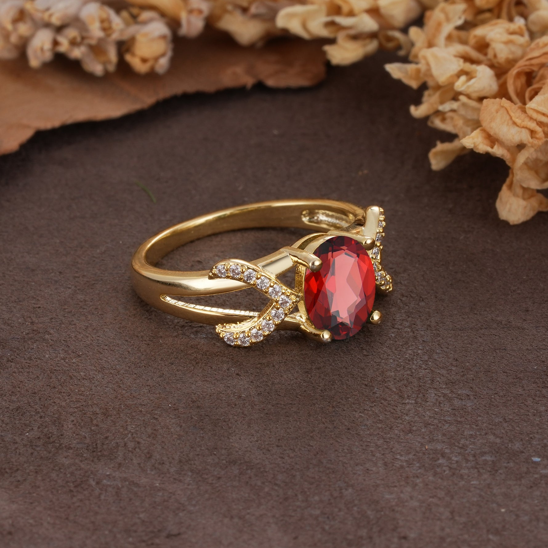 Dual Cross X Pave Accent Oval Cut Garnet Engagement Ring - Additional view
