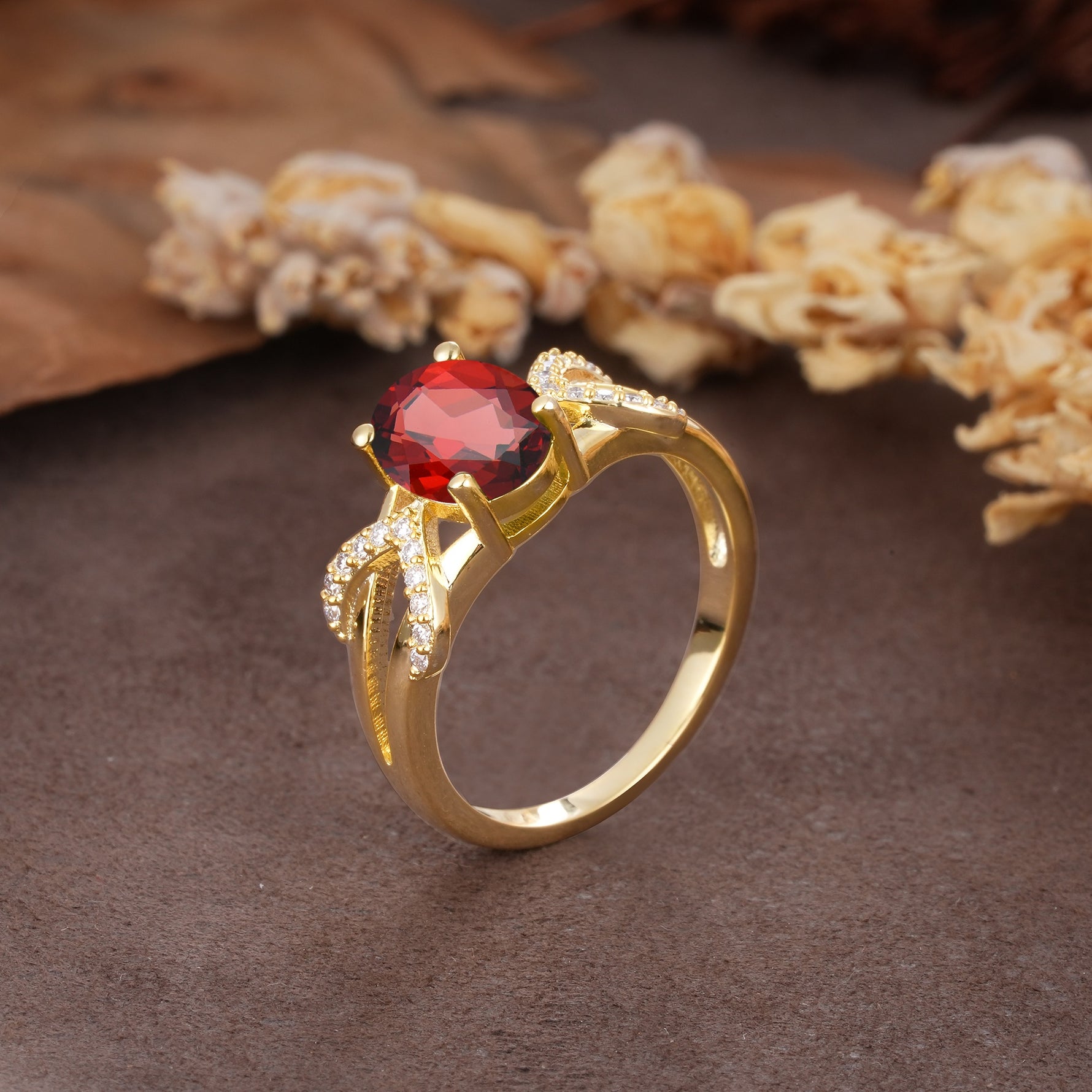 Dual Cross X Pave Accent Oval Cut Garnet Engagement Ring - Additional view