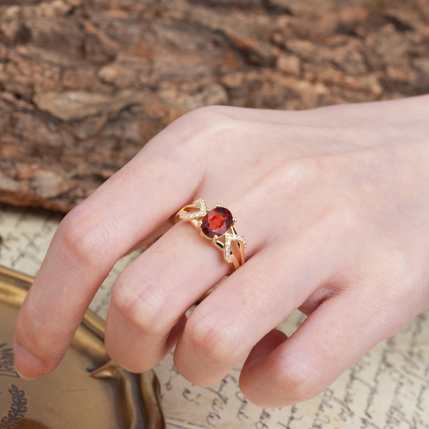 Dual Cross X Pave Accent Oval Cut Garnet Engagement Ring - Additional view