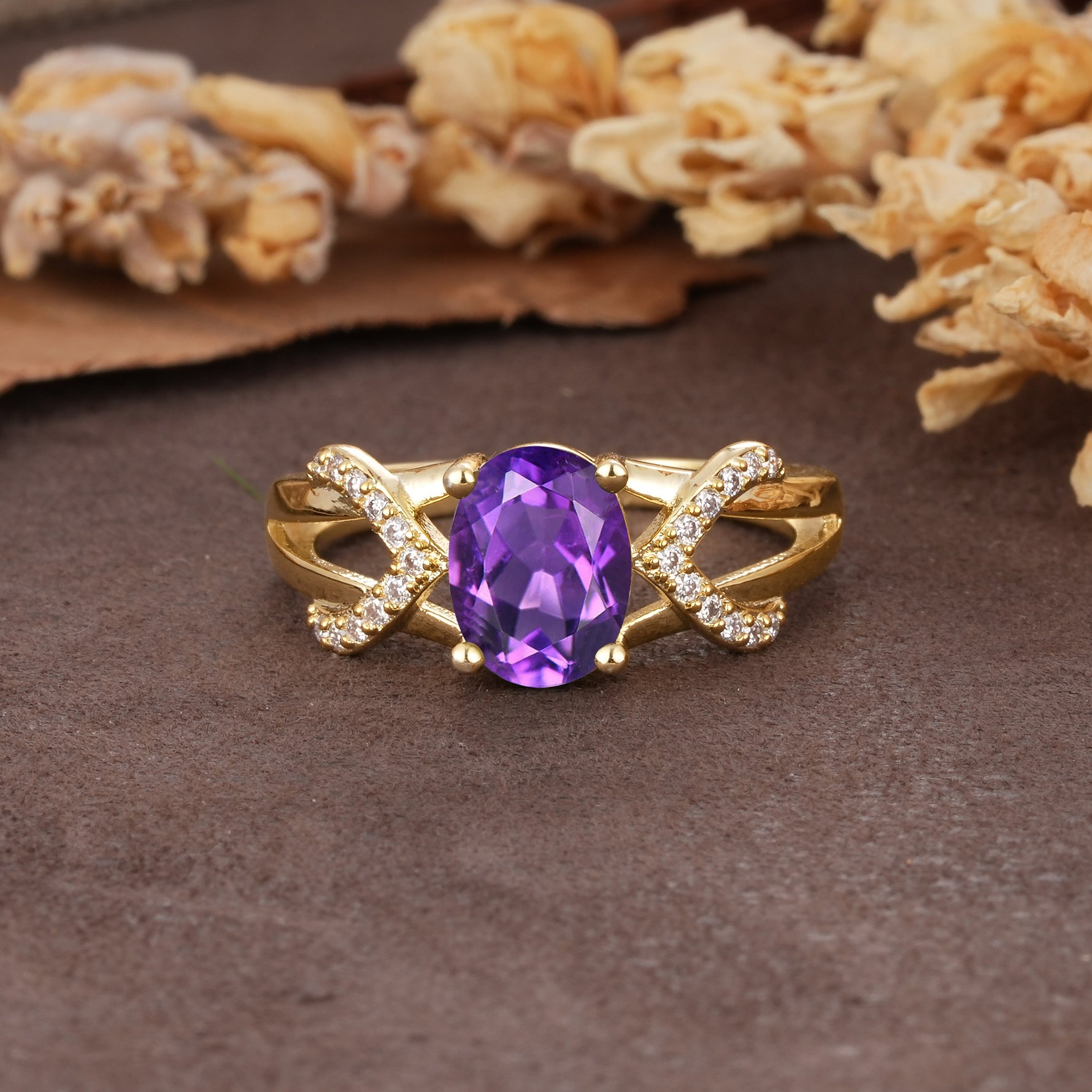 Dual Cross X Pave Accent Oval Cut Amethyst Engagement Ring - Additional view