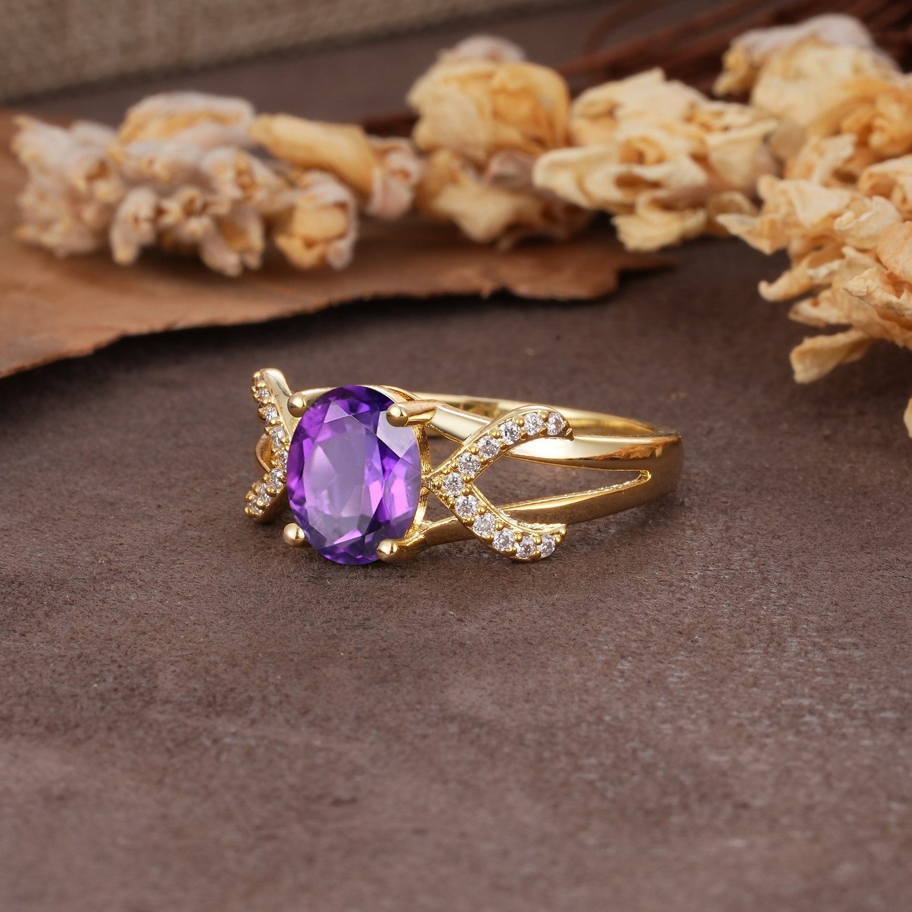 Dual Cross X Pave Accent Oval Cut Amethyst Engagement Ring - Additional view