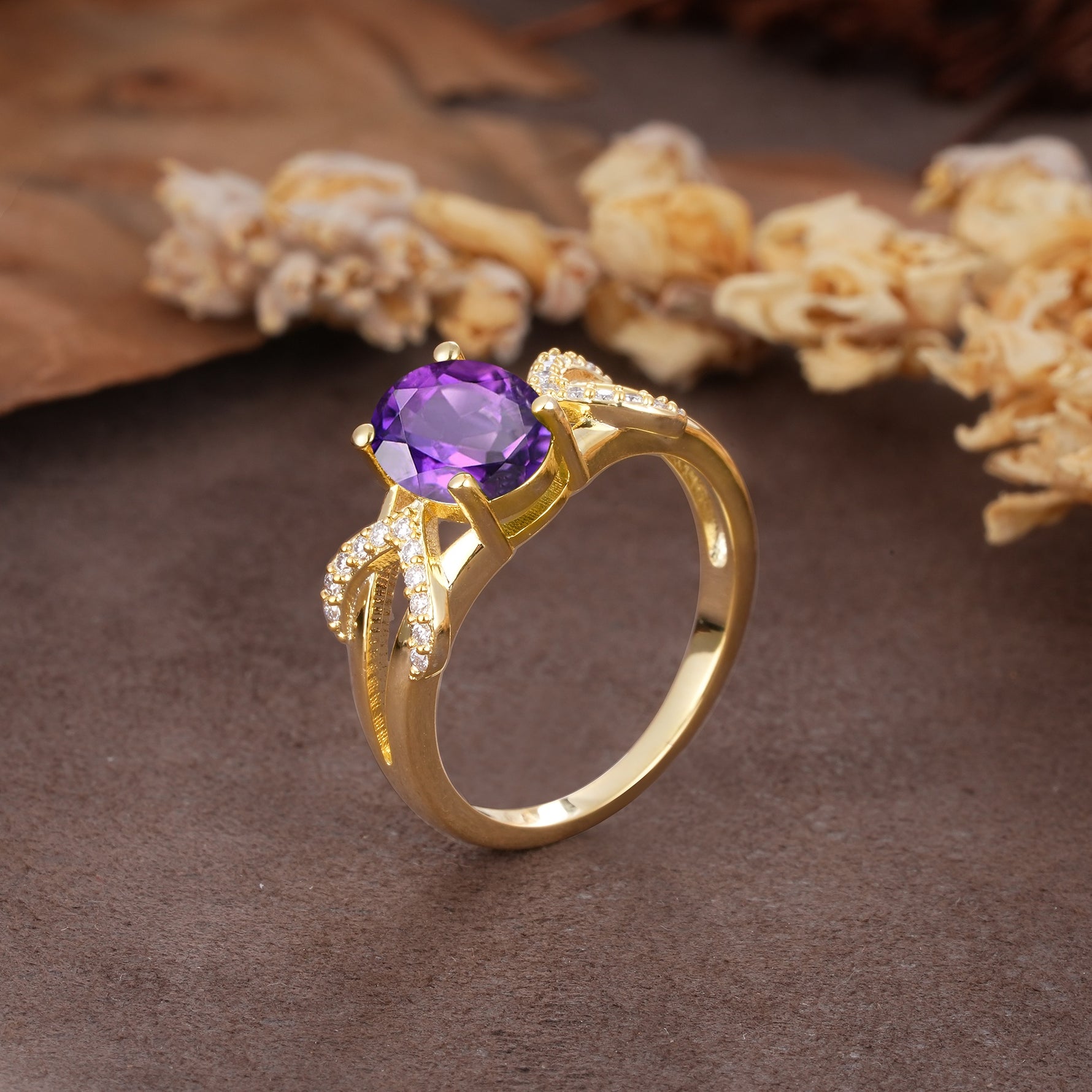 Dual Cross X Pave Accent Oval Cut Amethyst Engagement Ring - Additional view