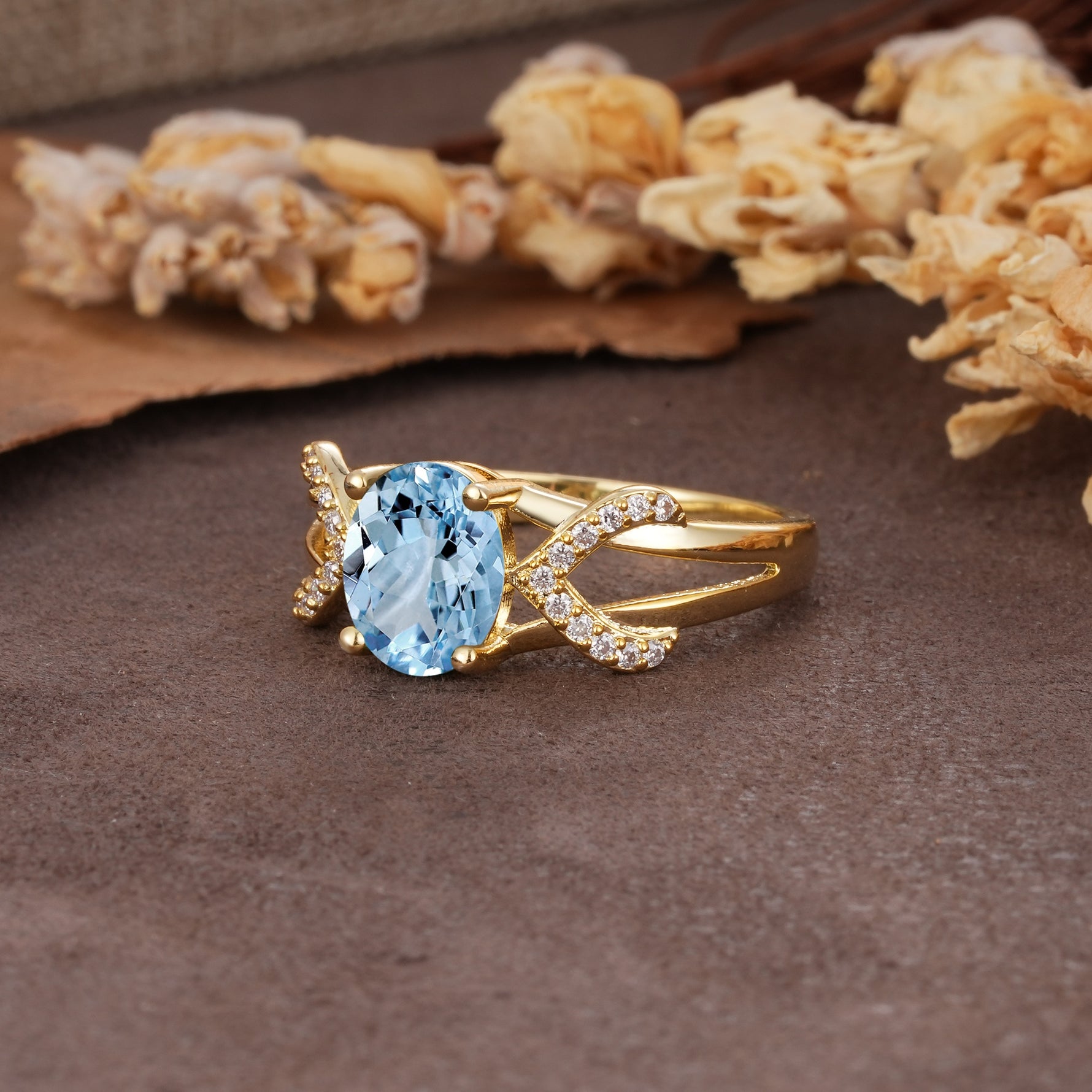 Dual Cross X Pave Accent Oval Cut Aquamarine Engagement Ring - Additional view