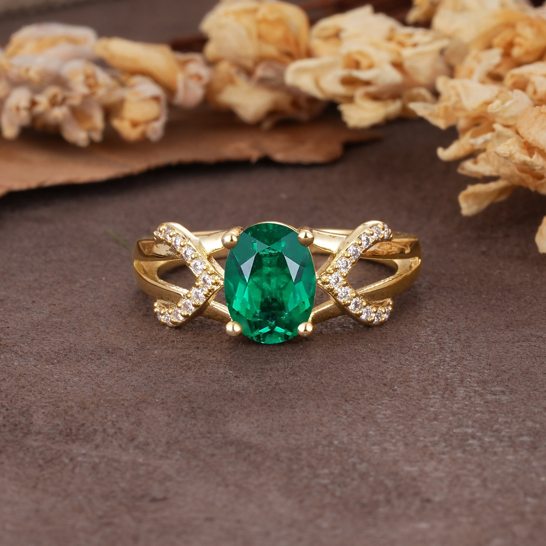 Dual Cross X Pave Accent Oval Cut Emerald Engagement Ring - Additional view