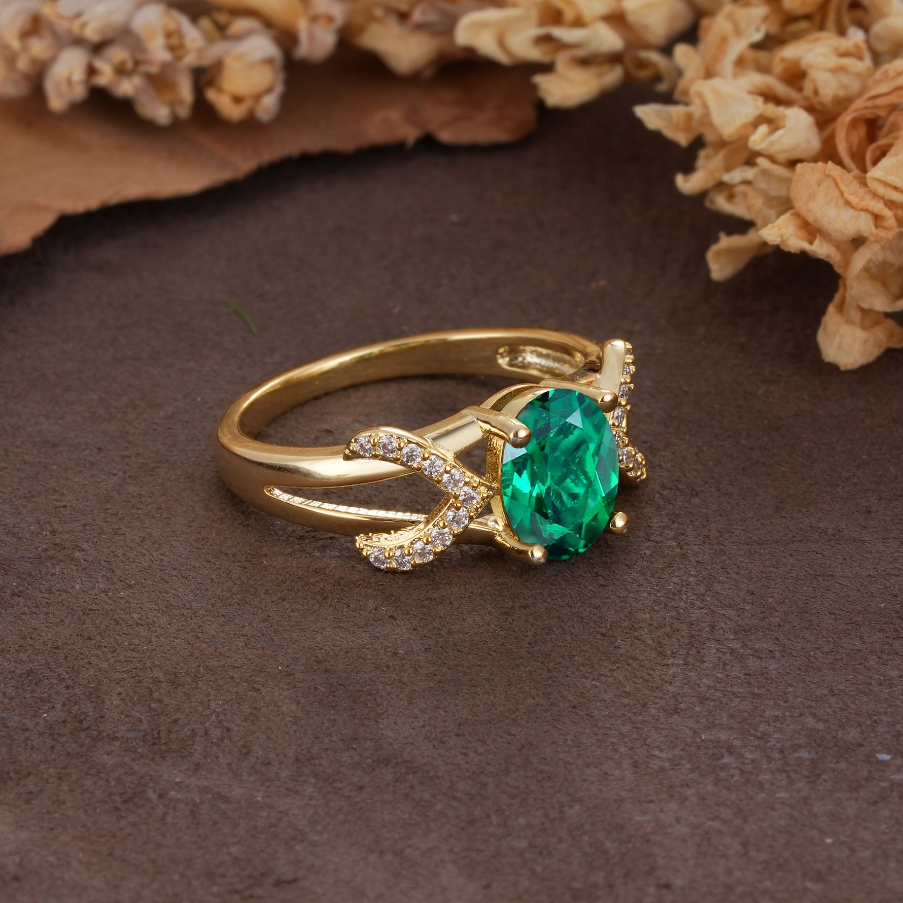 Dual Cross X Pave Accent Oval Cut Emerald Engagement Ring - Additional view