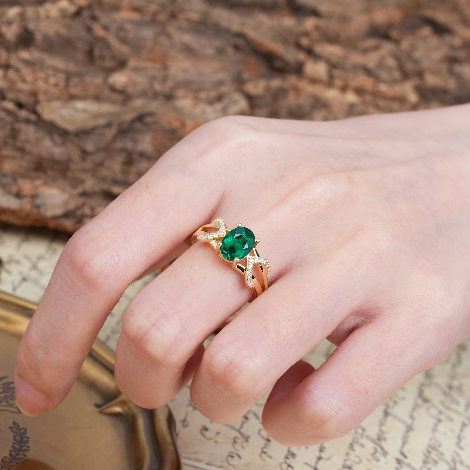 Dual Cross X Pave Accent Oval Cut Emerald Engagement Ring - Additional view