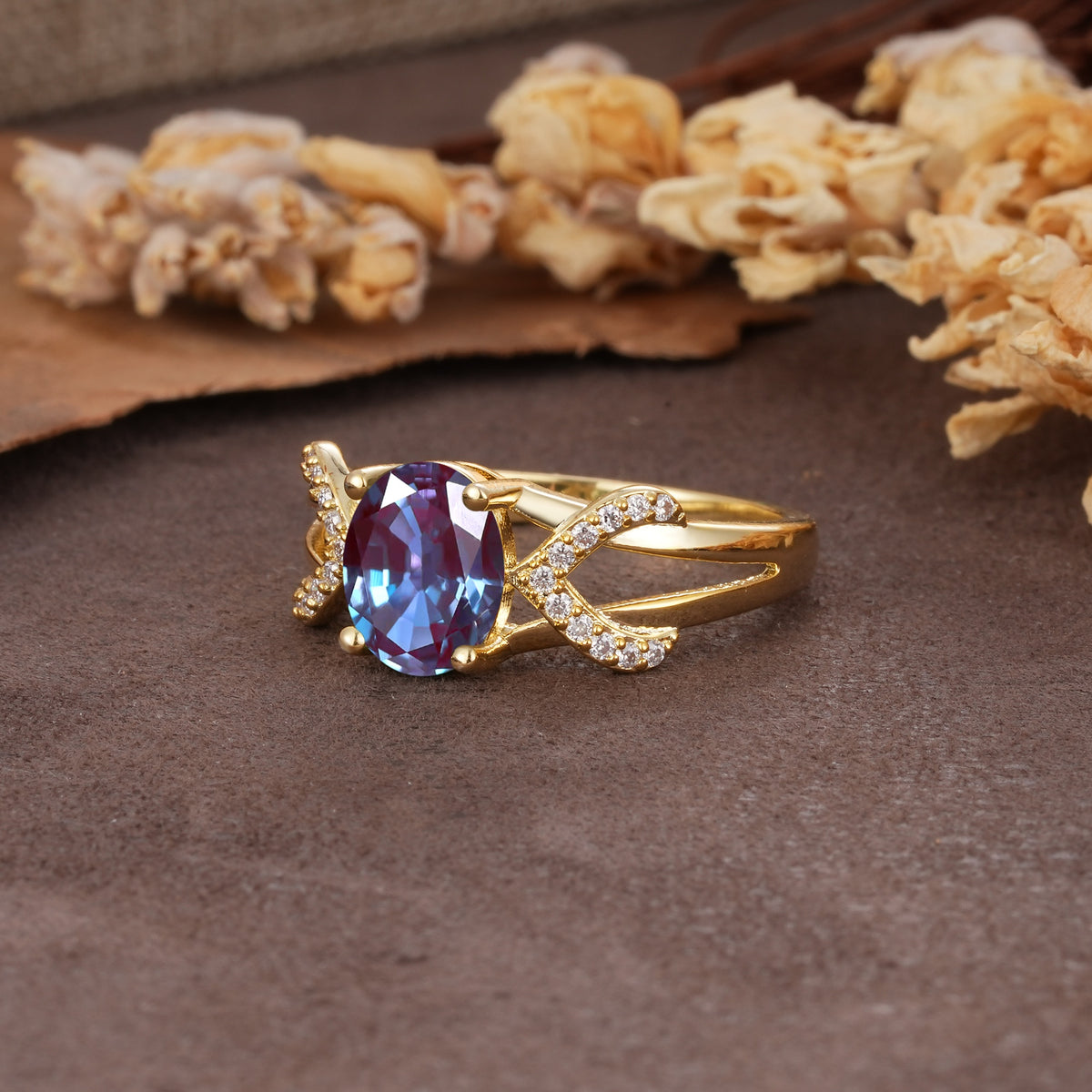 Dual Cross X Pave Accent Oval Cut Alexandrite Engagement Ring - Additional view