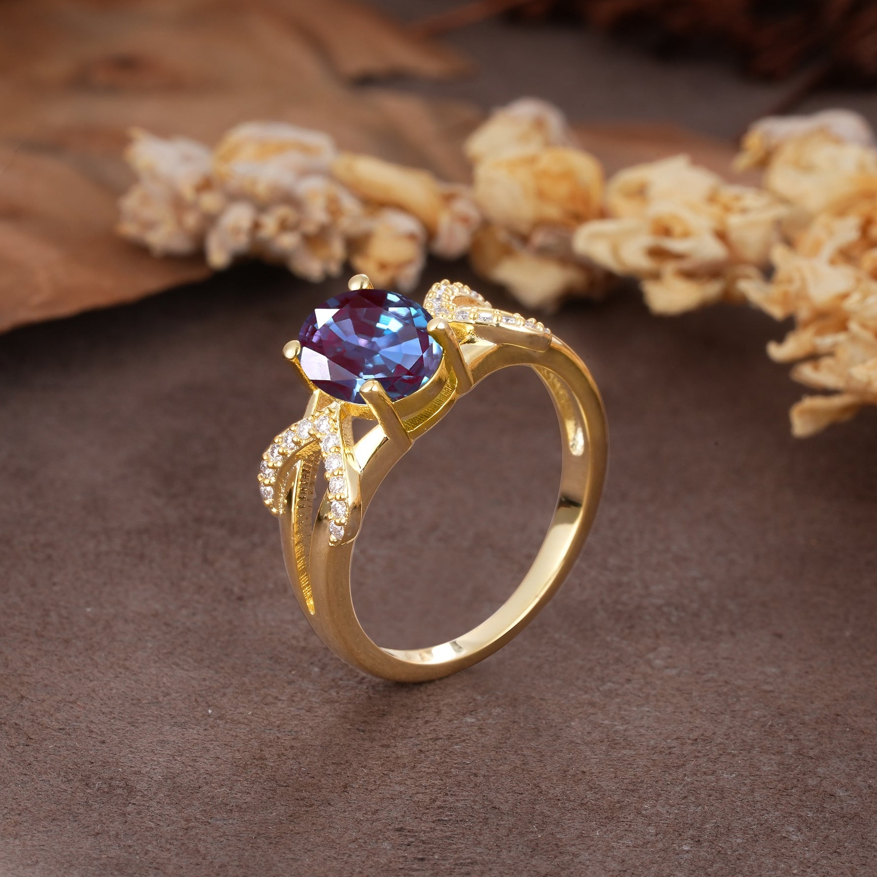 Dual Cross X Pave Accent Oval Cut Alexandrite Engagement Ring - Additional view