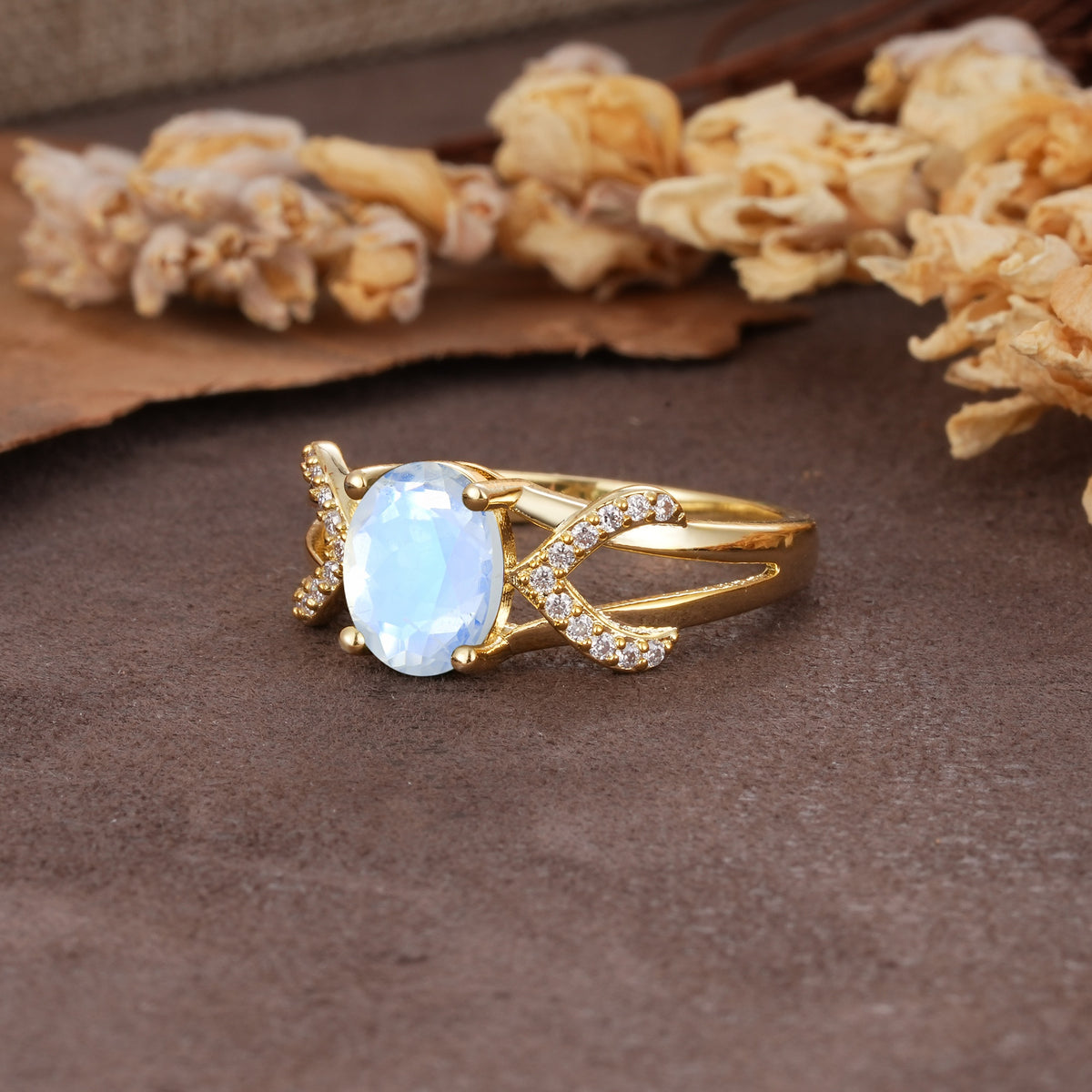 Dual Cross X Pave Accent Oval Cut Moonstone Engagement Ring - Additional view