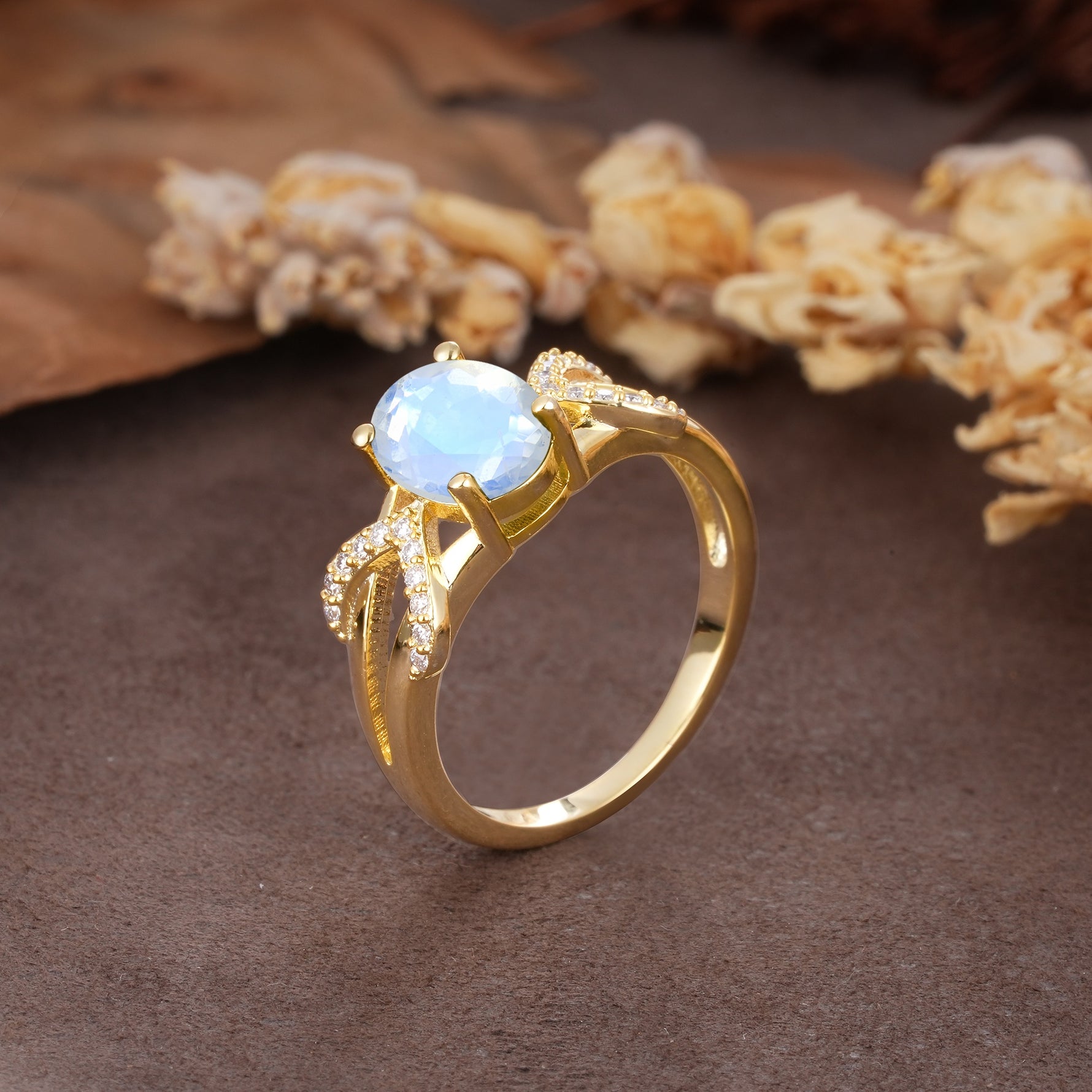 Dual Cross X Pave Accent Oval Cut Moonstone Engagement Ring - Additional view