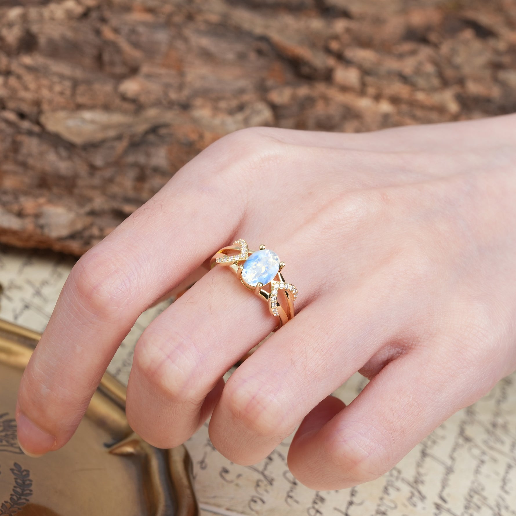 Dual Cross X Pave Accent Oval Cut Moonstone Engagement Ring - Additional view
