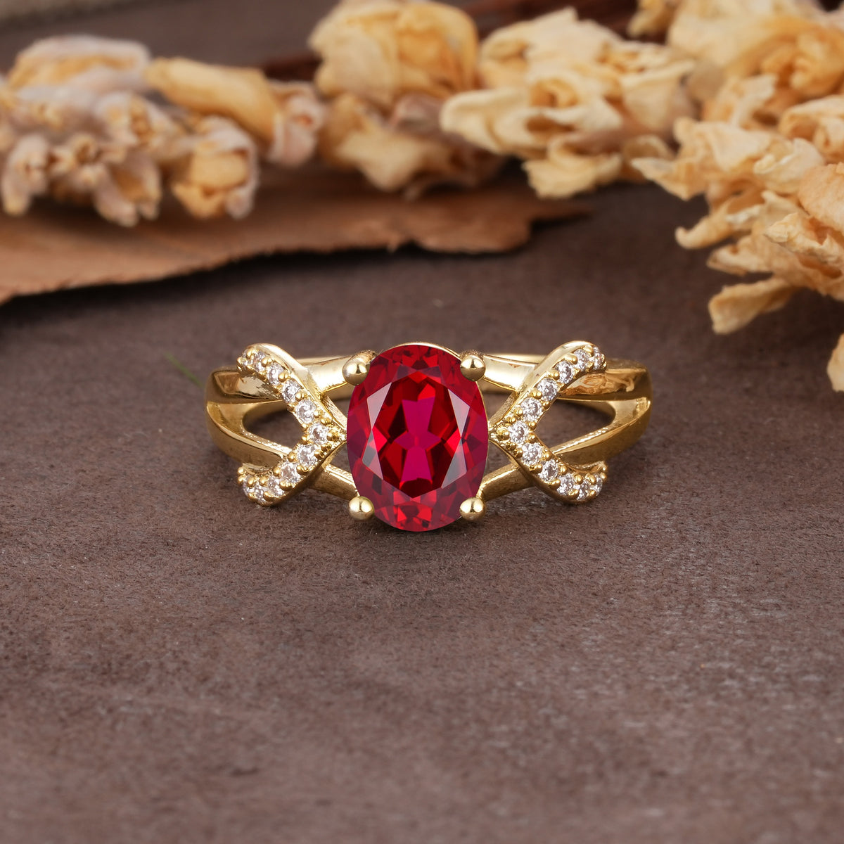 Dual Cross X Pave Accent Oval Cut Ruby Engagement Ring - Additional view