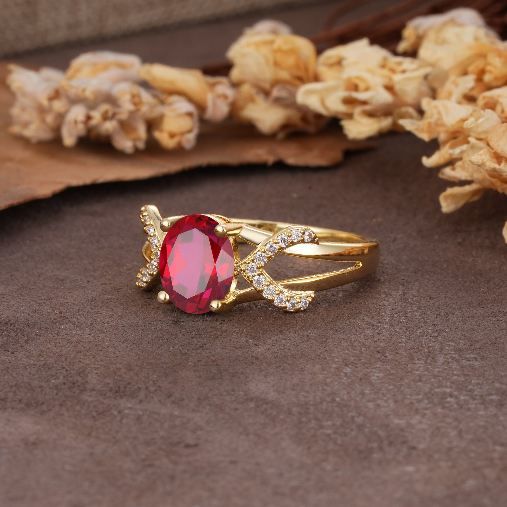 Dual Cross X Pave Accent Oval Cut Ruby Engagement Ring - Additional view