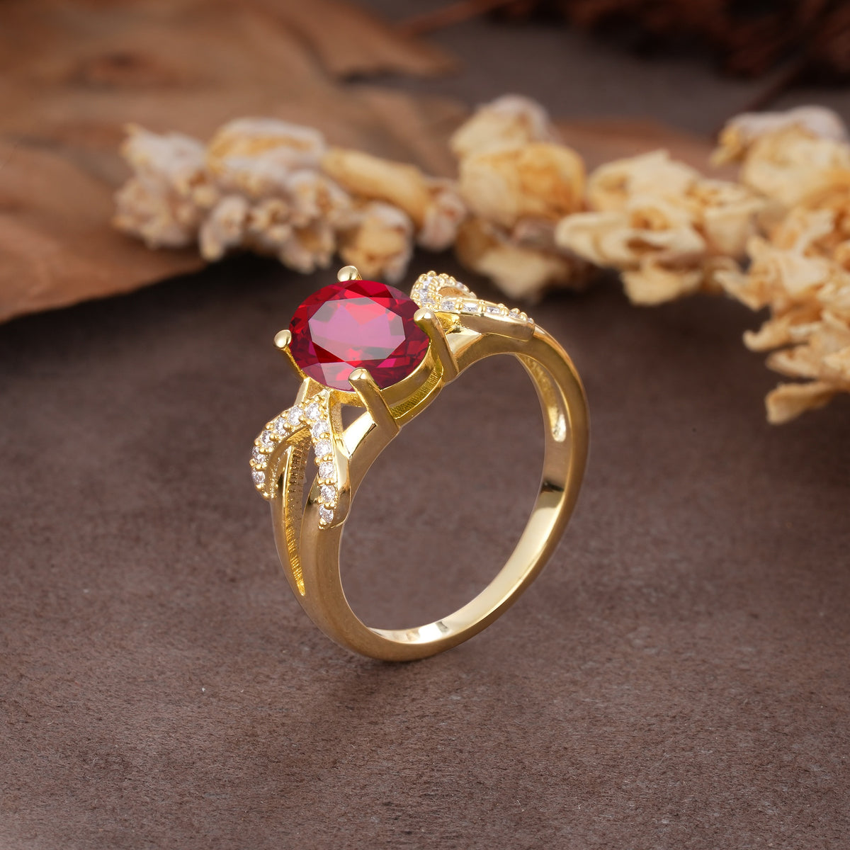 Dual Cross X Pave Accent Oval Cut Ruby Engagement Ring - Additional view