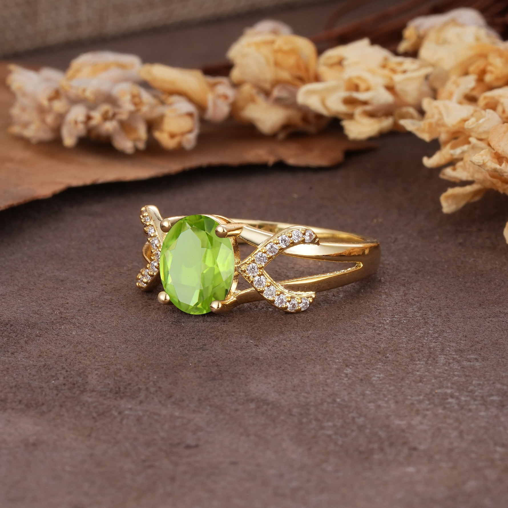 Dual Cross X Pave Accent Oval Cut Peridot Engagement Ring - Additional view