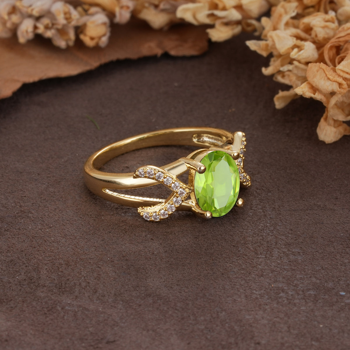 Dual Cross X Pave Accent Oval Cut Peridot Engagement Ring - Additional view