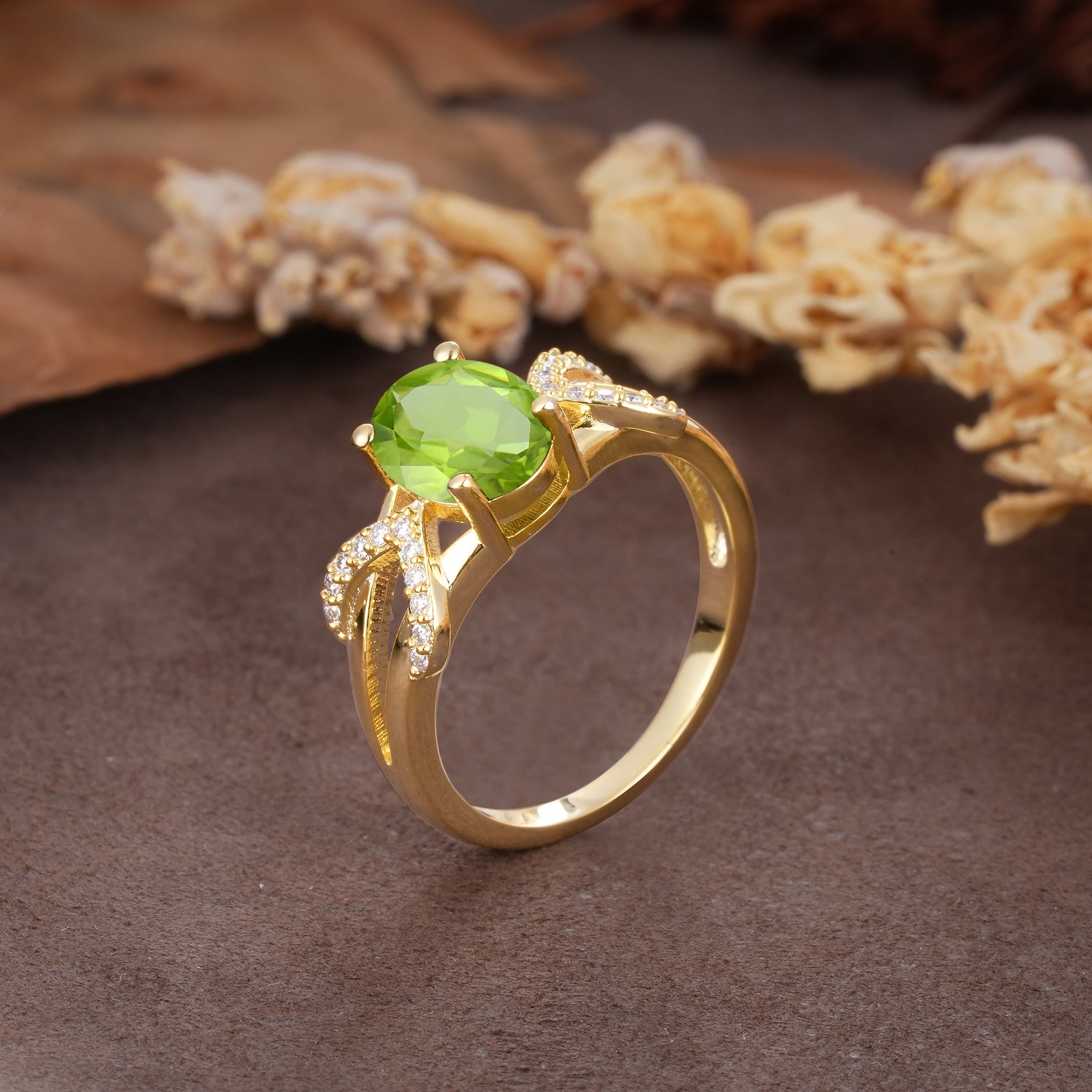 Dual Cross X Pave Accent Oval Cut Peridot Engagement Ring - Additional view