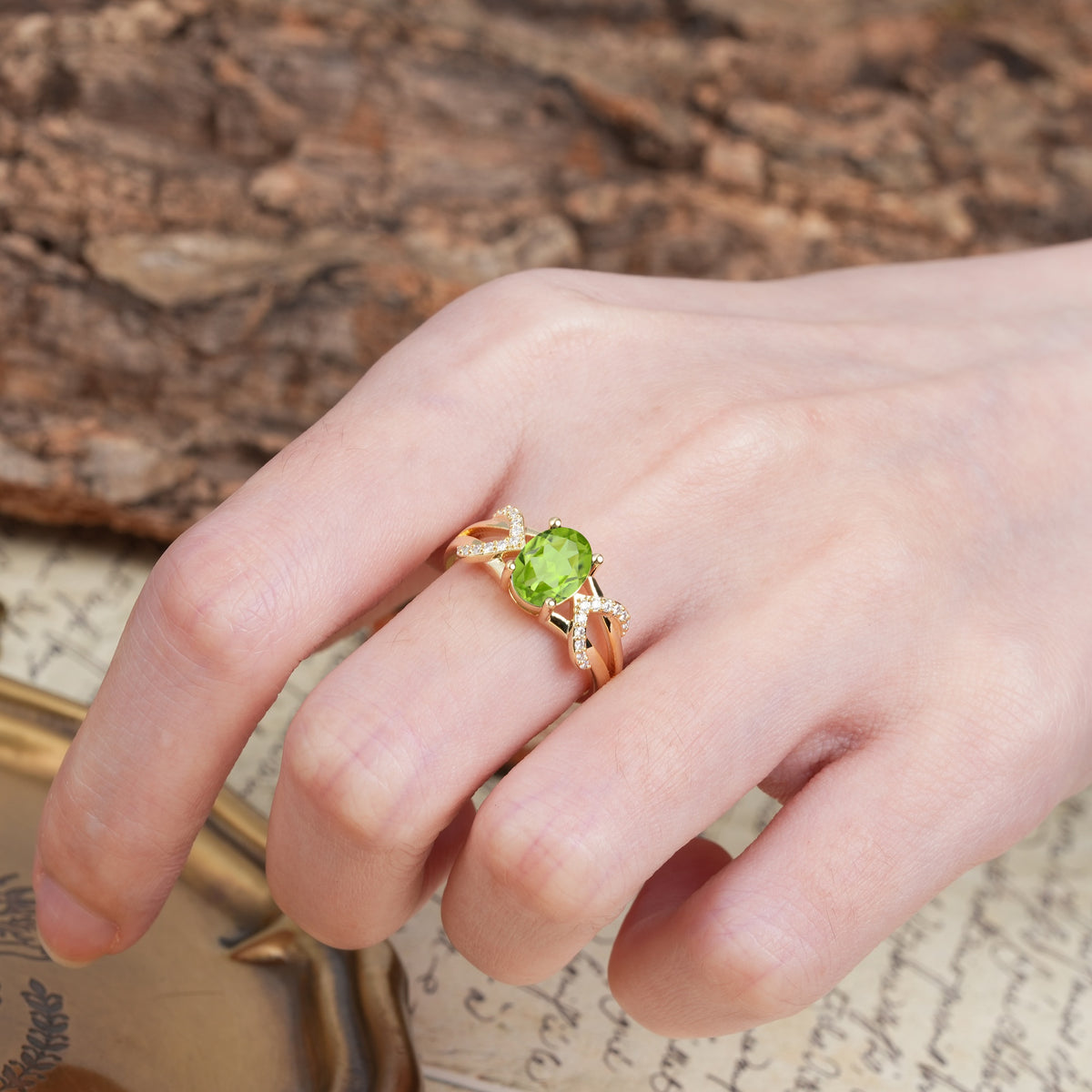 Dual Cross X Pave Accent Oval Cut Peridot Engagement Ring - Additional view