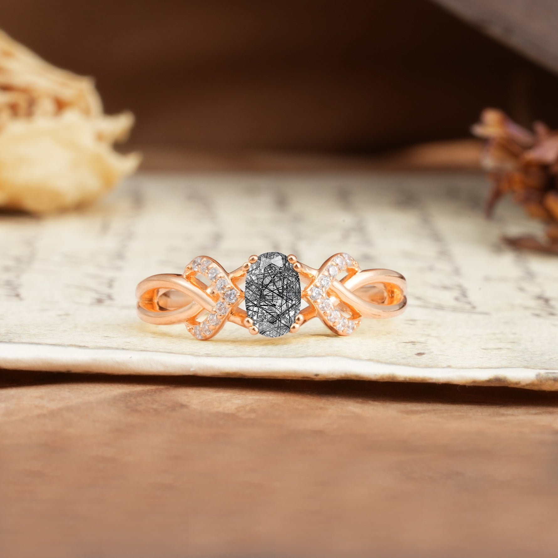Uniquely Creative 8-Prong Setting with Oval Cut Black Rutilated Quartz Engagement Ring - Additional view