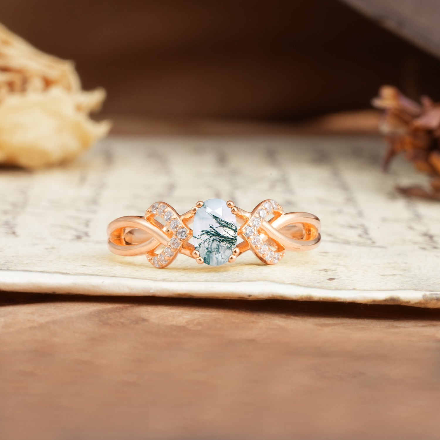 Uniquely Creative 8-Prong Setting with Oval Cut Moss Agate Engagement Ring - Additional view