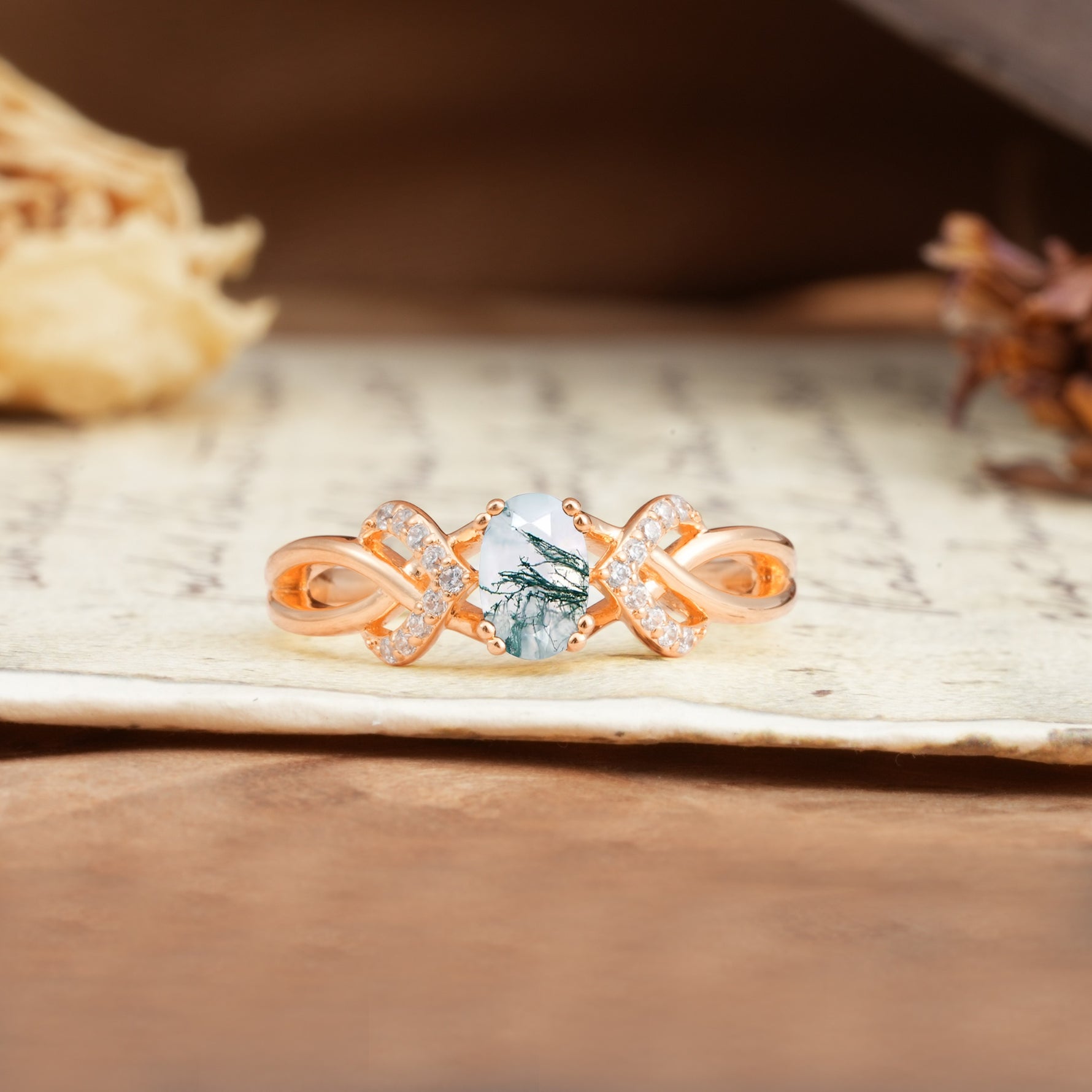 Uniquely Creative 8-Prong Setting with Oval Cut Moss Agate Engagement Ring - Additional view