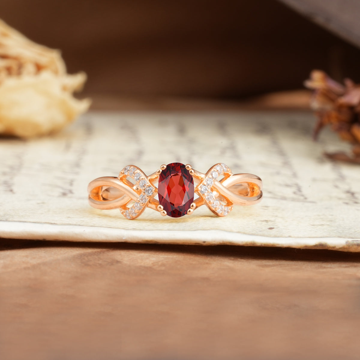 Uniquely Creative 8-Prong Setting with Oval Cut Garnet Engagement Ring - Additional view