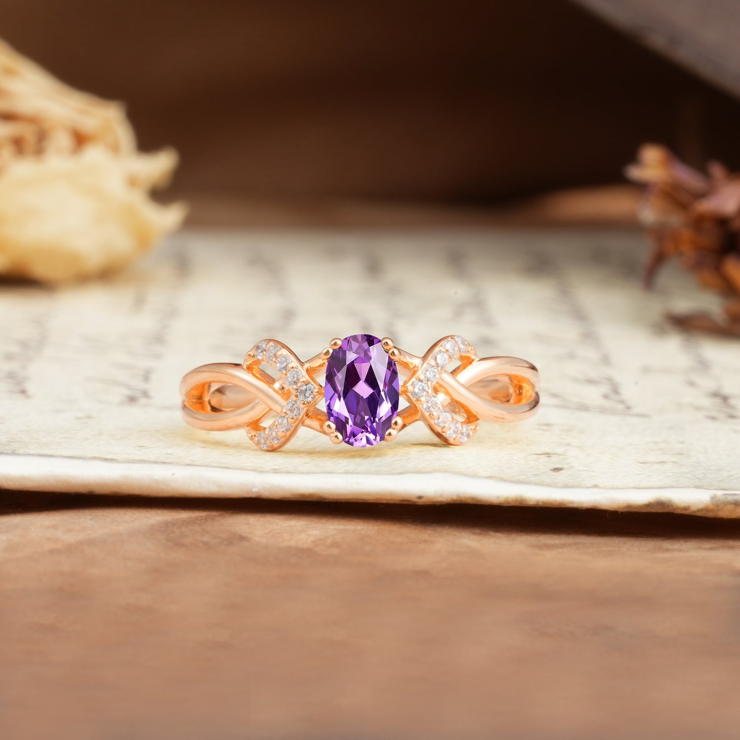 Uniquely Creative 8-Prong Setting with Oval Cut Amethyst Engagement Ring - Additional view