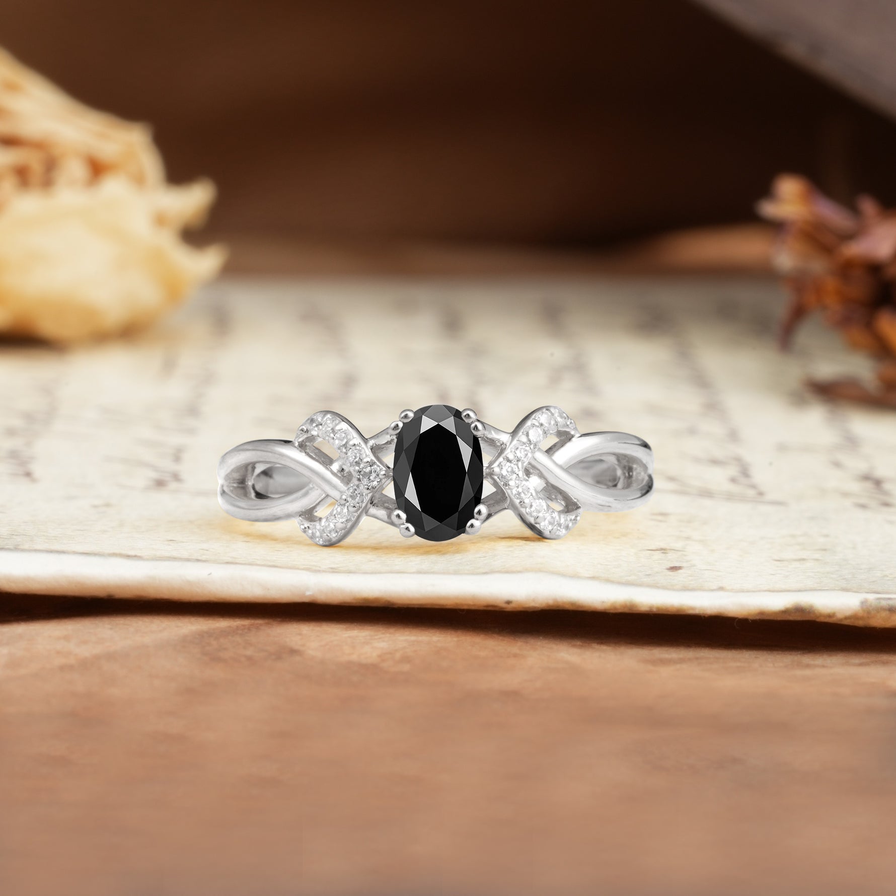 Uniquely Creative 8-Prong Setting with Oval Cut Black Onyx Engagement Ring - Additional view