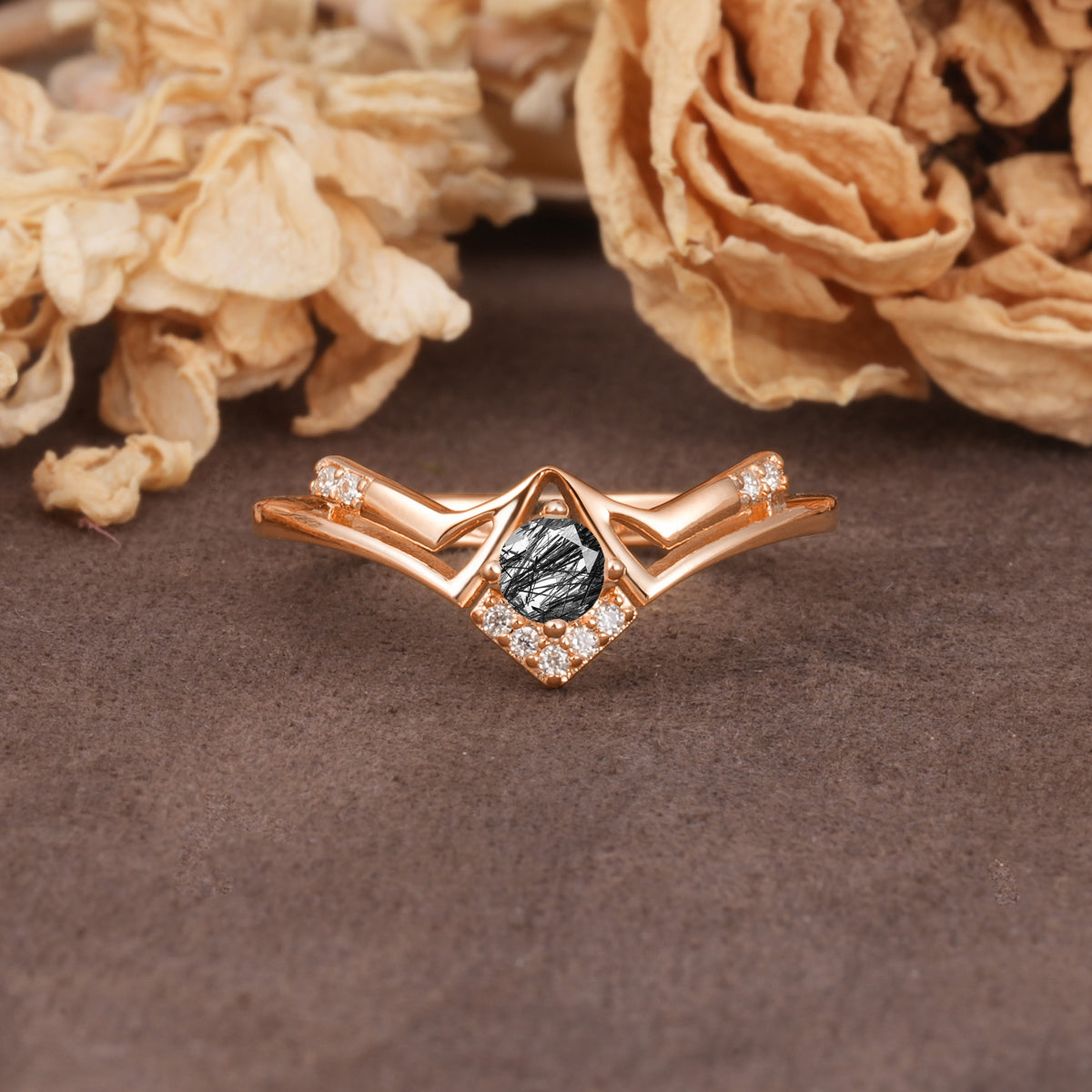 Unique Luxury Crown-Style 4-Prong Round-Cut Three-Stone Black Rutilated Quartz Engagement Ring - Additional view