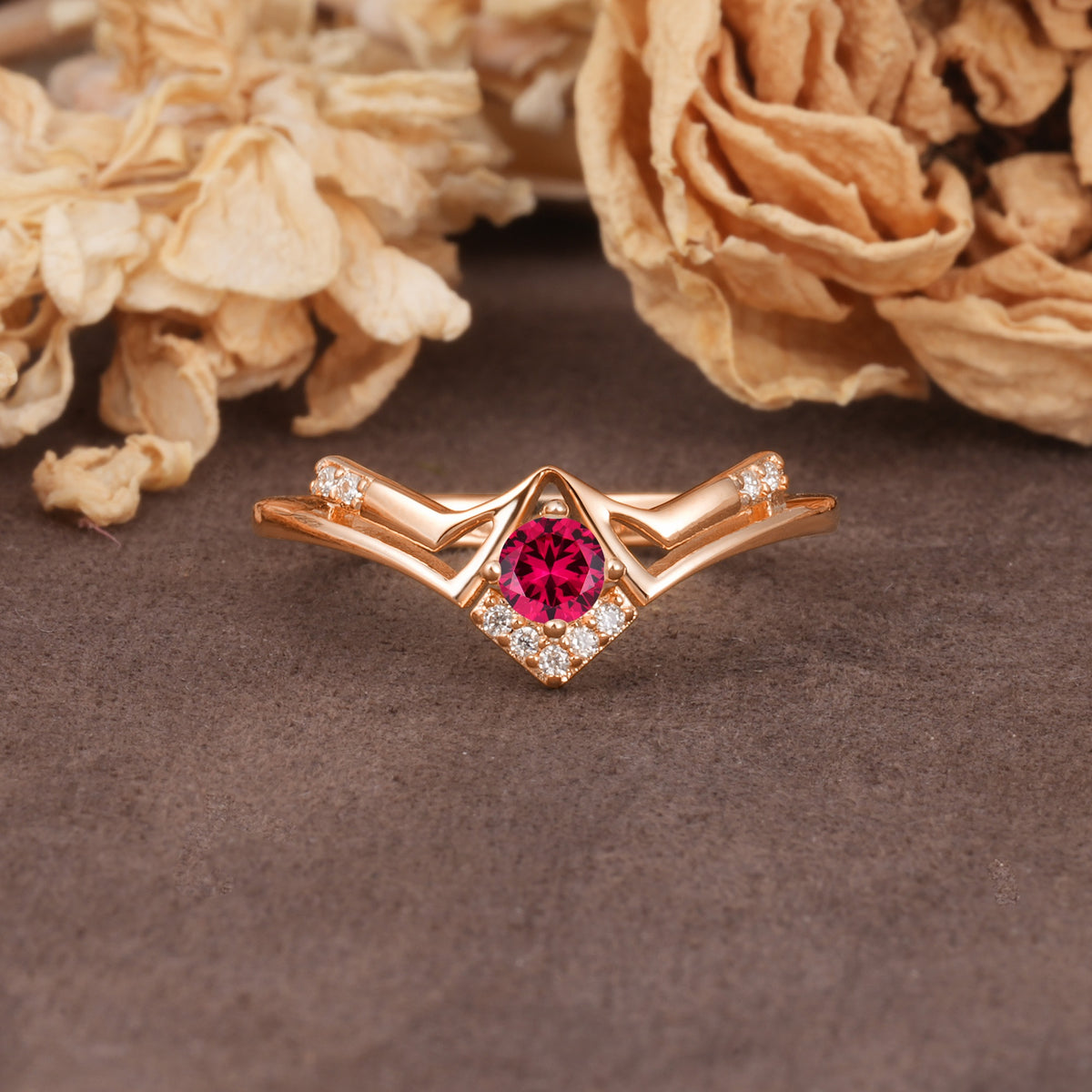 Unique Luxury Crown-Style 4-Prong Round-Cut Three-Stone Ruby Engagement Ring - Additional view