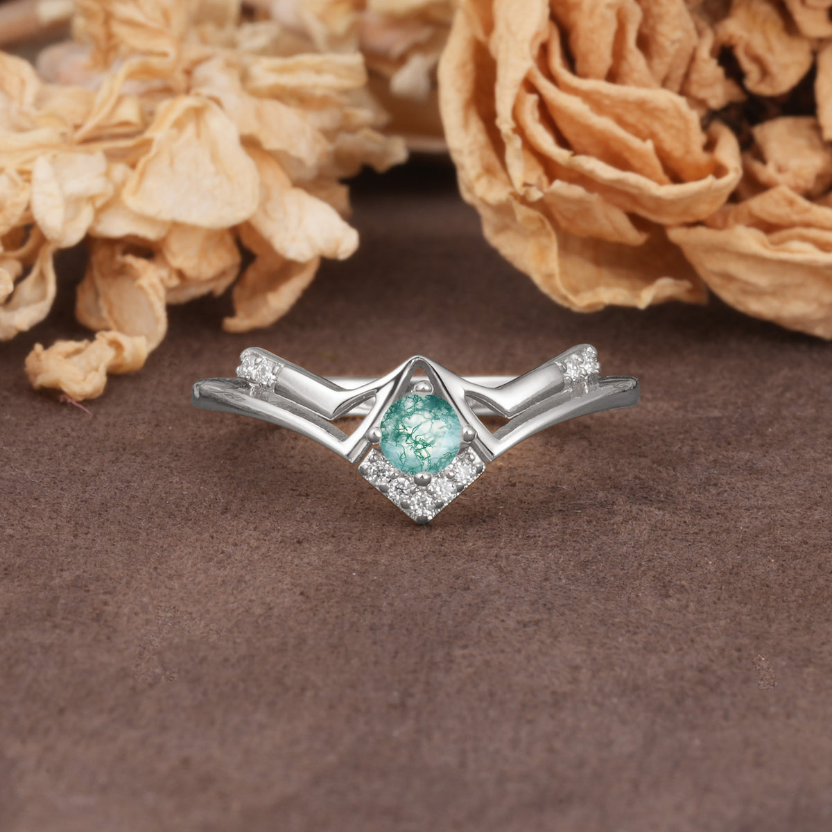 Unique Luxury Crown-Style 4-Prong Round-Cut Three-Stone Moss Agate Engagement Ring - Additional view