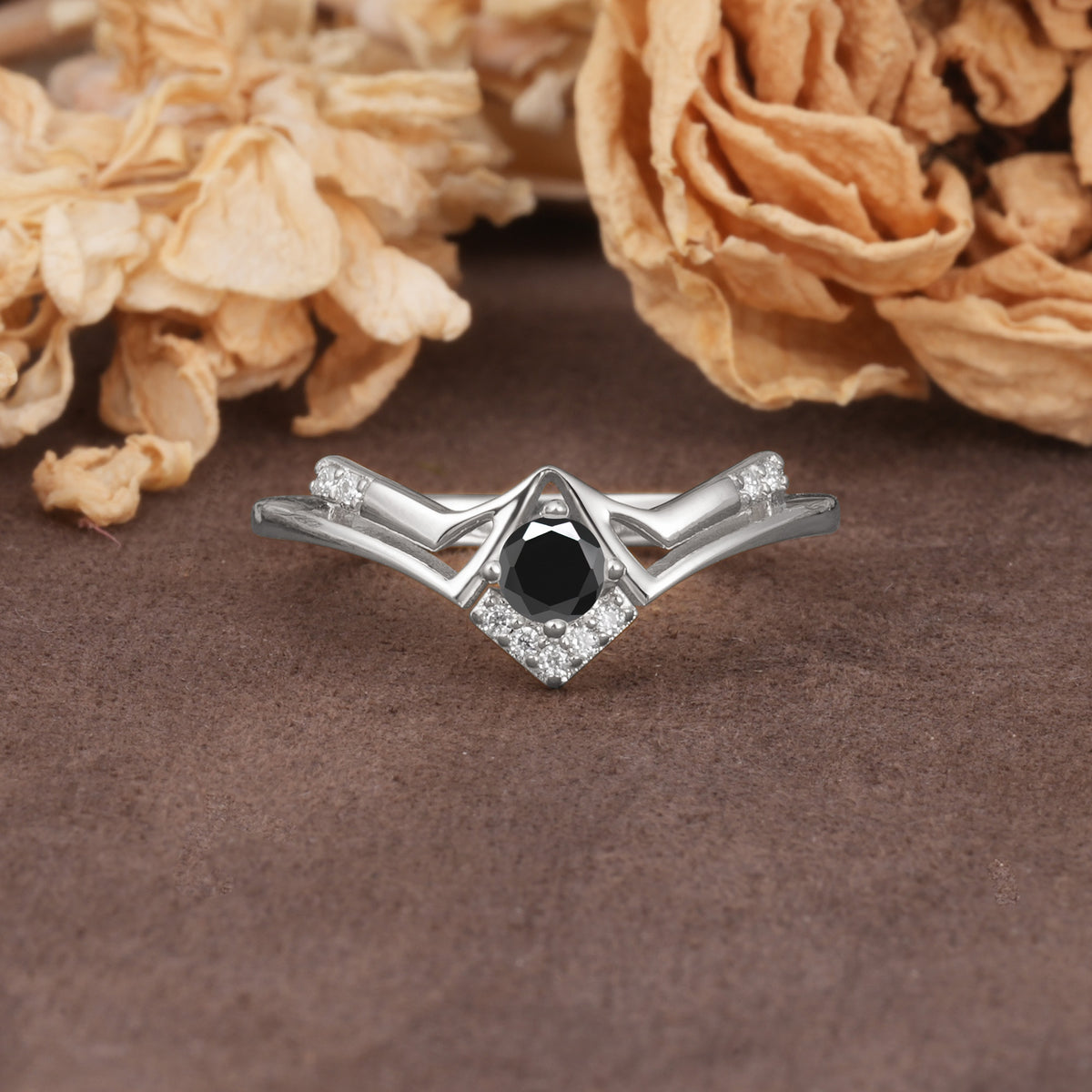 Unique Luxury Crown-Style 4-Prong Round-Cut Three-Stone Black Onyx Engagement Ring - Additional view