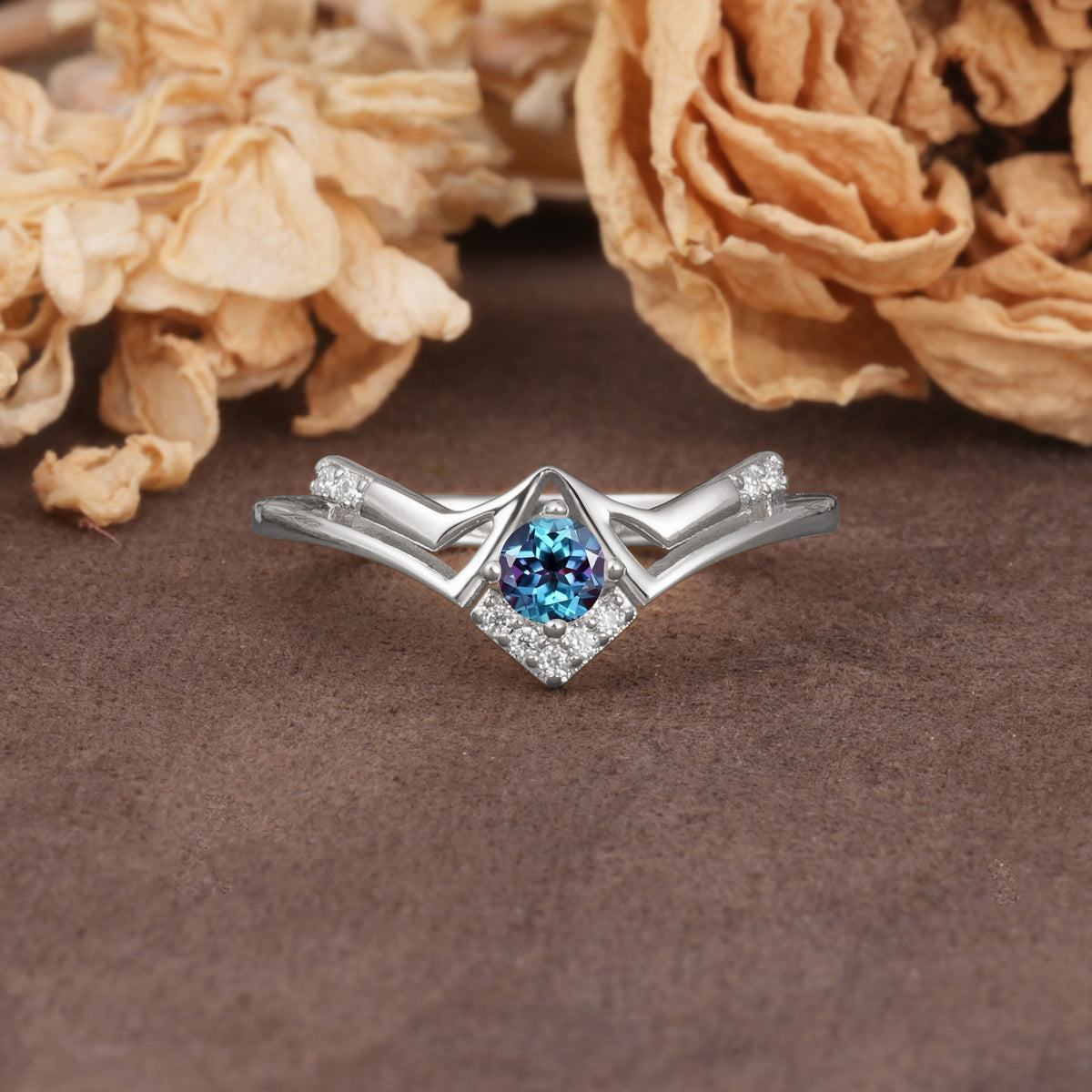 Unique Luxury Crown-Style 4-Prong Round-Cut Three-Stone Alexandrite Engagement Ring - Additional view