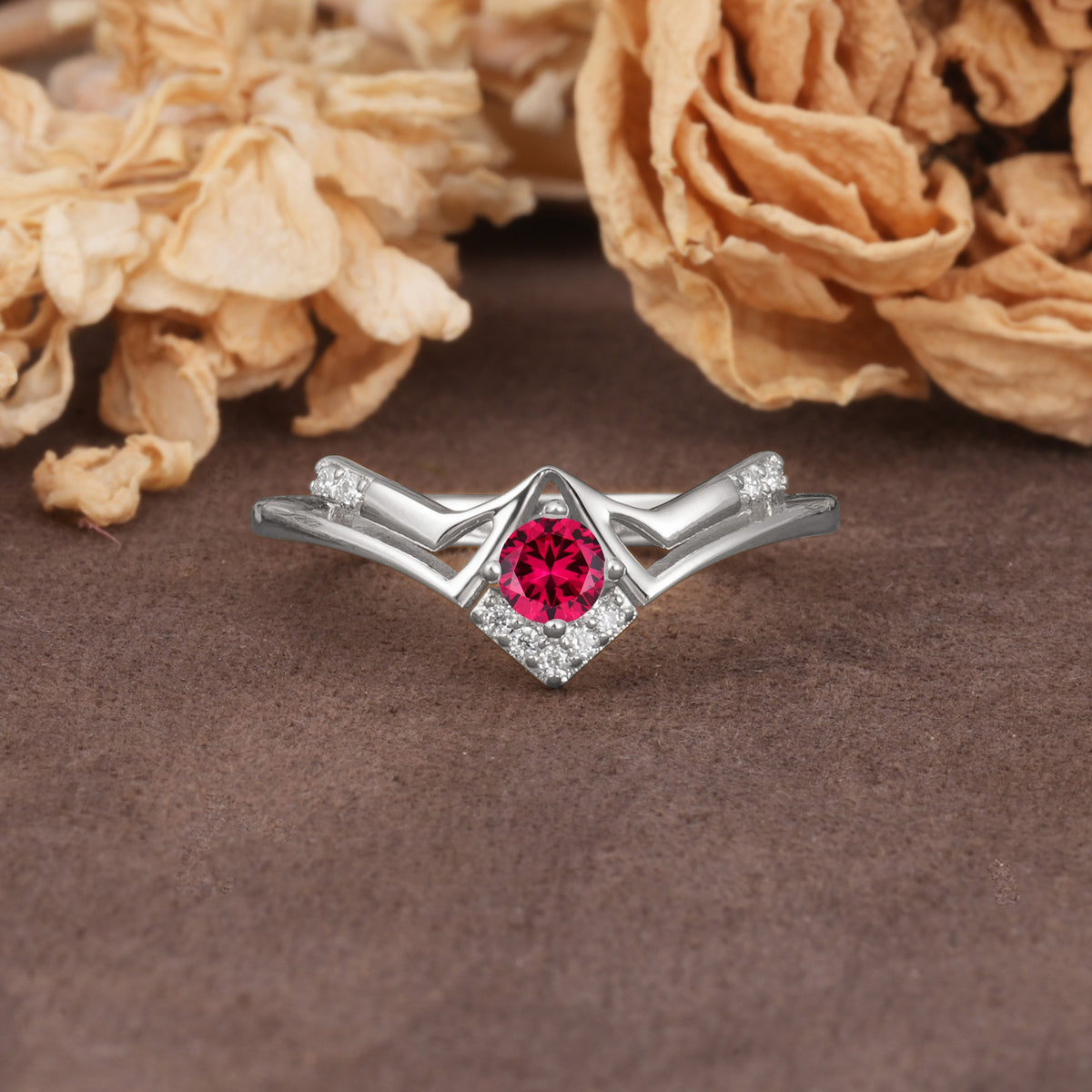 Unique Luxury Crown-Style 4-Prong Round-Cut Three-Stone Ruby Engagement Ring - Additional view