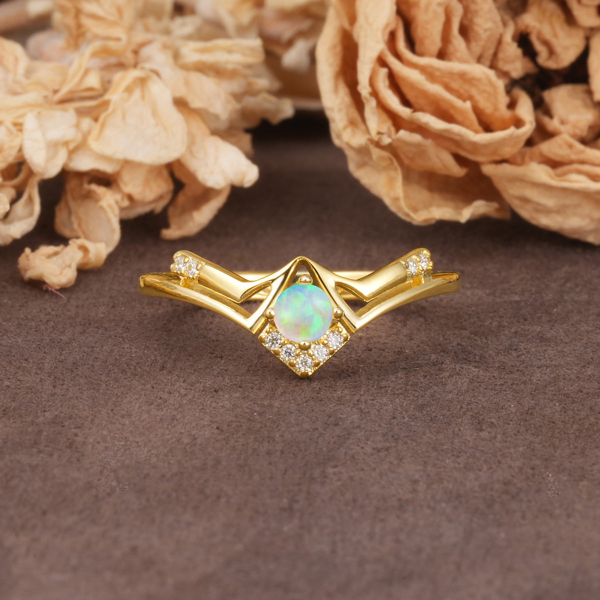 Unique Luxury Crown-Style 4-Prong Round-Cut Three-Stone Fire Opal Engagement Ring - Additional view