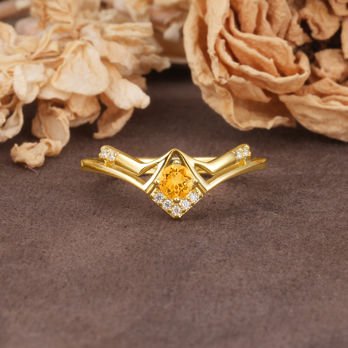 Unique Luxury Crown-Style 4-Prong Round-Cut Three-Stone Citrine Engagement Ring - Additional view