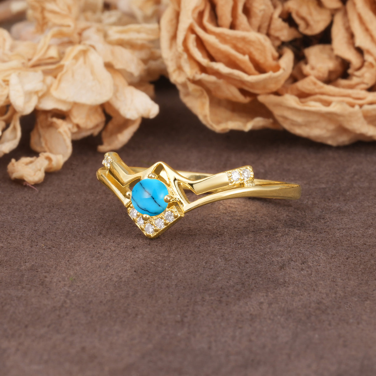 Unique Luxury Crown-Style 4-Prong Round-Cut Three-Stone Turquoise Engagement Ring - Additional view