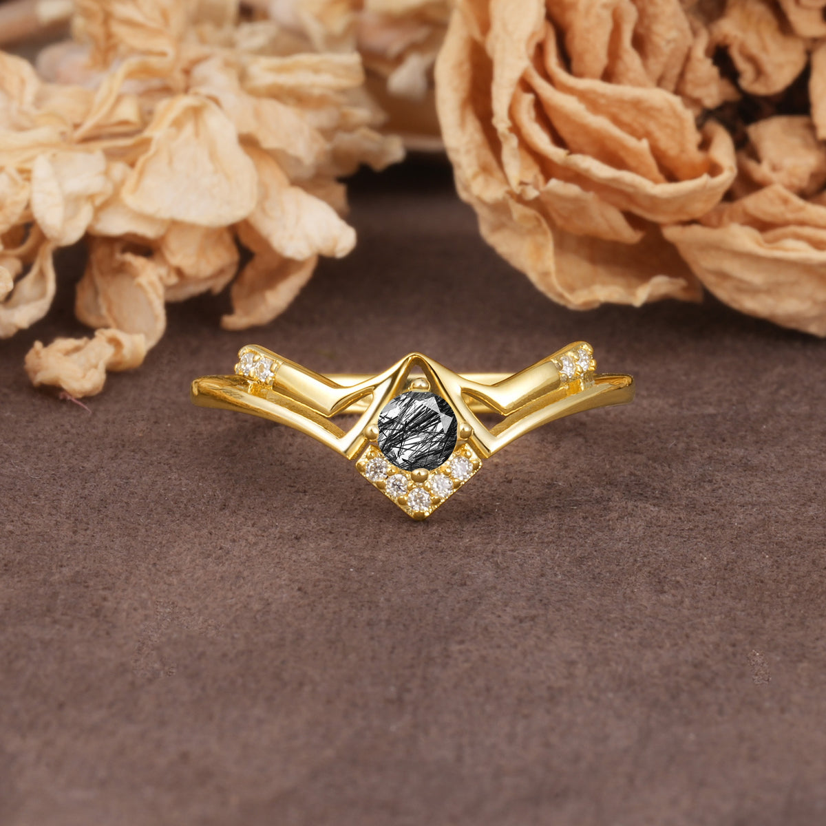 Unique Luxury Crown-Style 4-Prong Round-Cut Three-Stone Black Rutilated Quartz Engagement Ring - Additional view