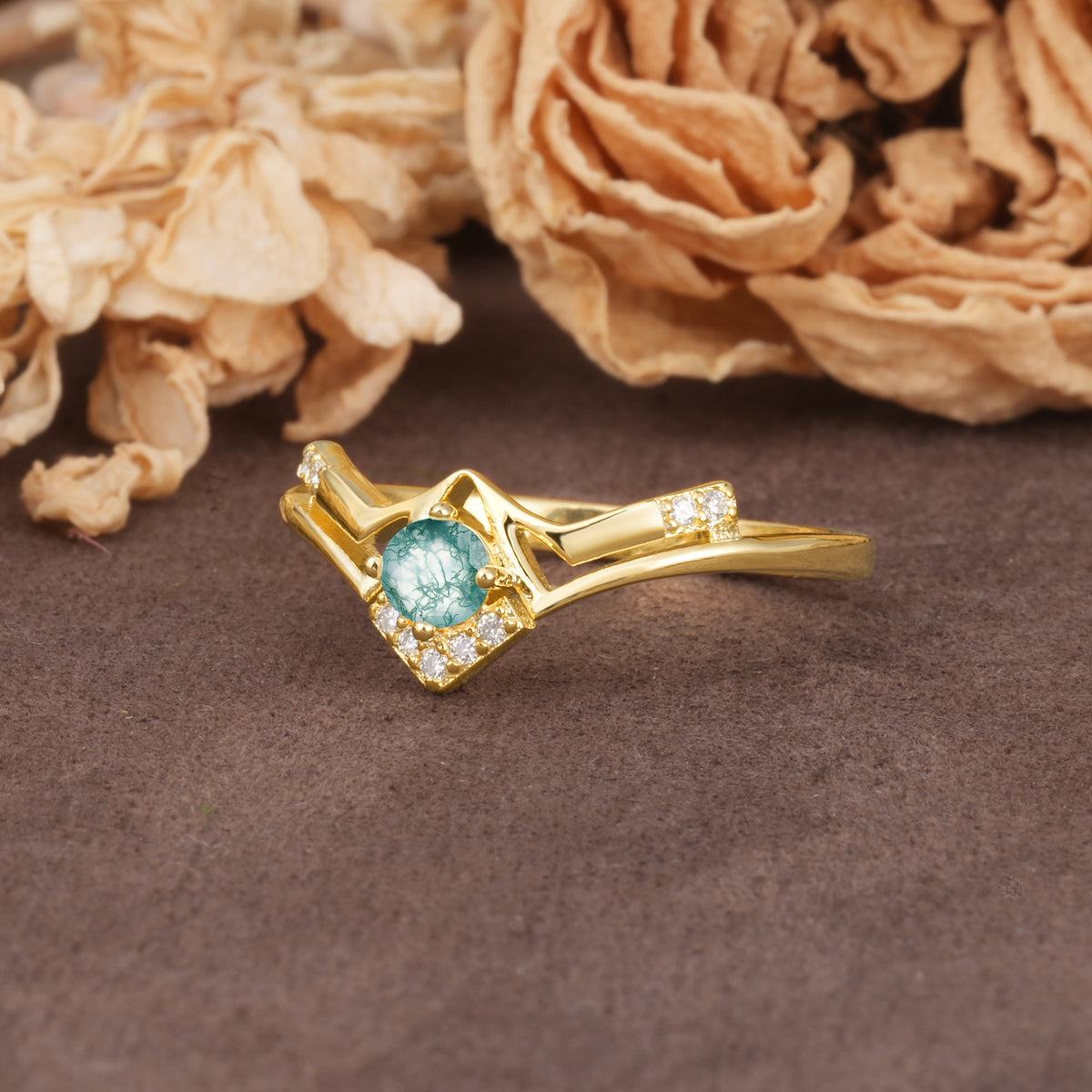 Unique Luxury Crown-Style 4-Prong Round-Cut Three-Stone Moss Agate Engagement Ring - Additional view