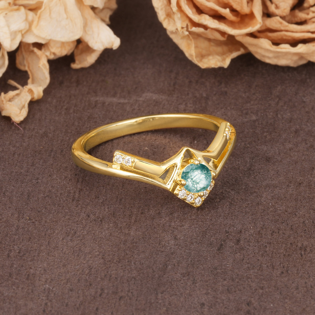 Unique Luxury Crown-Style 4-Prong Round-Cut Three-Stone Moss Agate Engagement Ring - Additional view