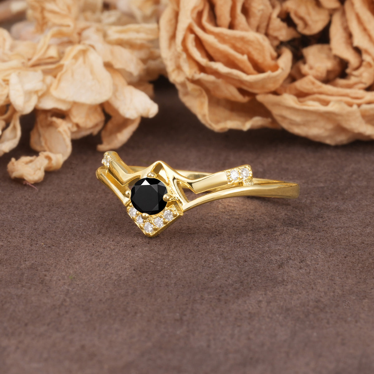 Unique Luxury Crown-Style 4-Prong Round-Cut Three-Stone Black Onyx Engagement Ring - Additional view