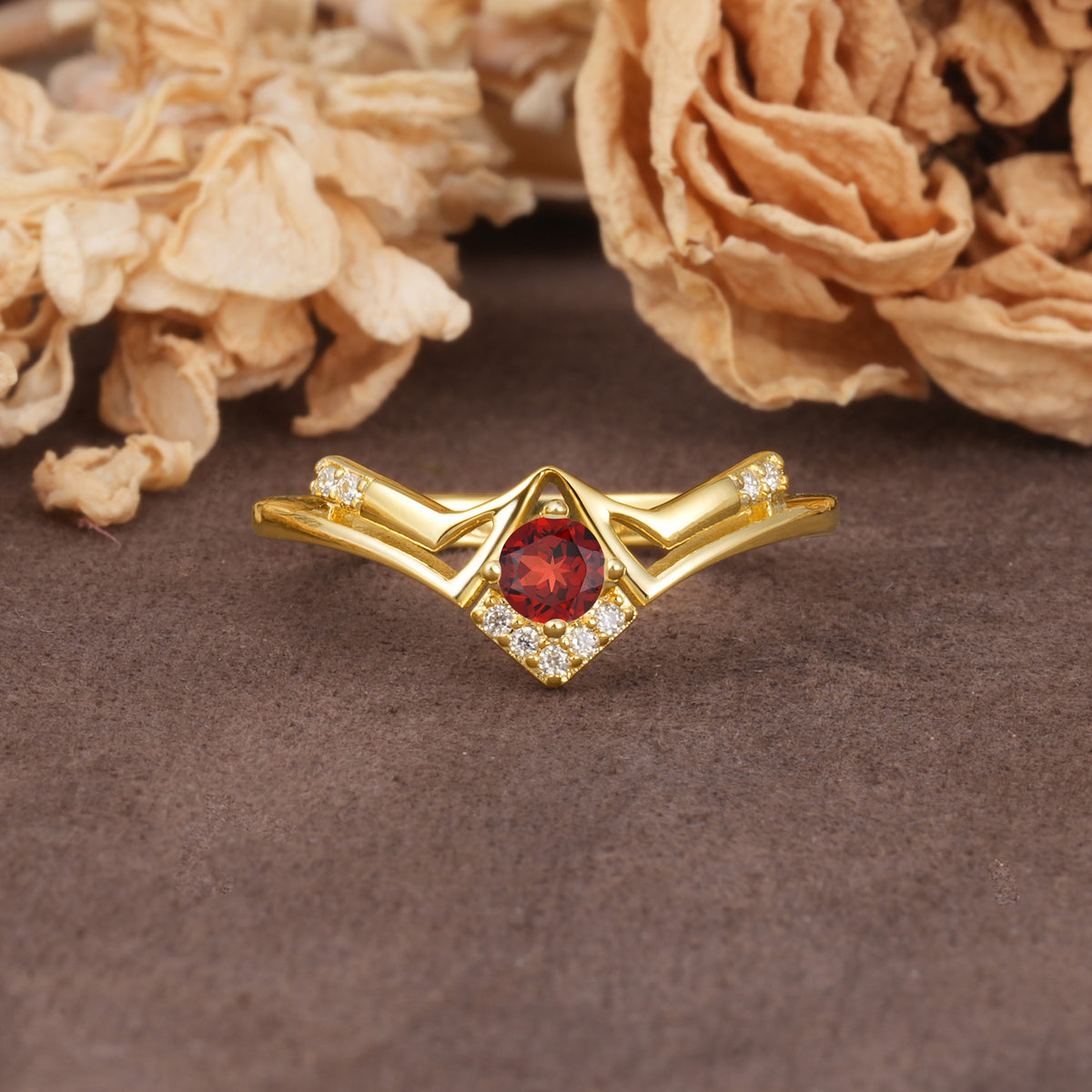 Unique Luxury Crown-Style 4-Prong Round-Cut Three-Stone Garnet Engagement Ring - Additional view