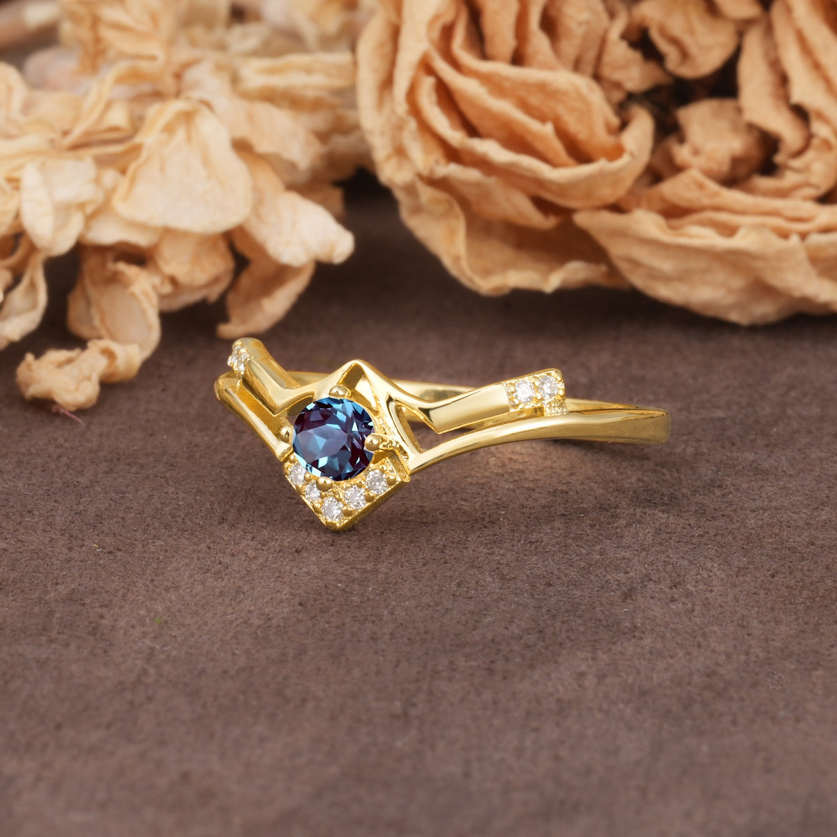 Unique Luxury Crown-Style 4-Prong Round-Cut Three-Stone Alexandrite Engagement Ring - Additional view