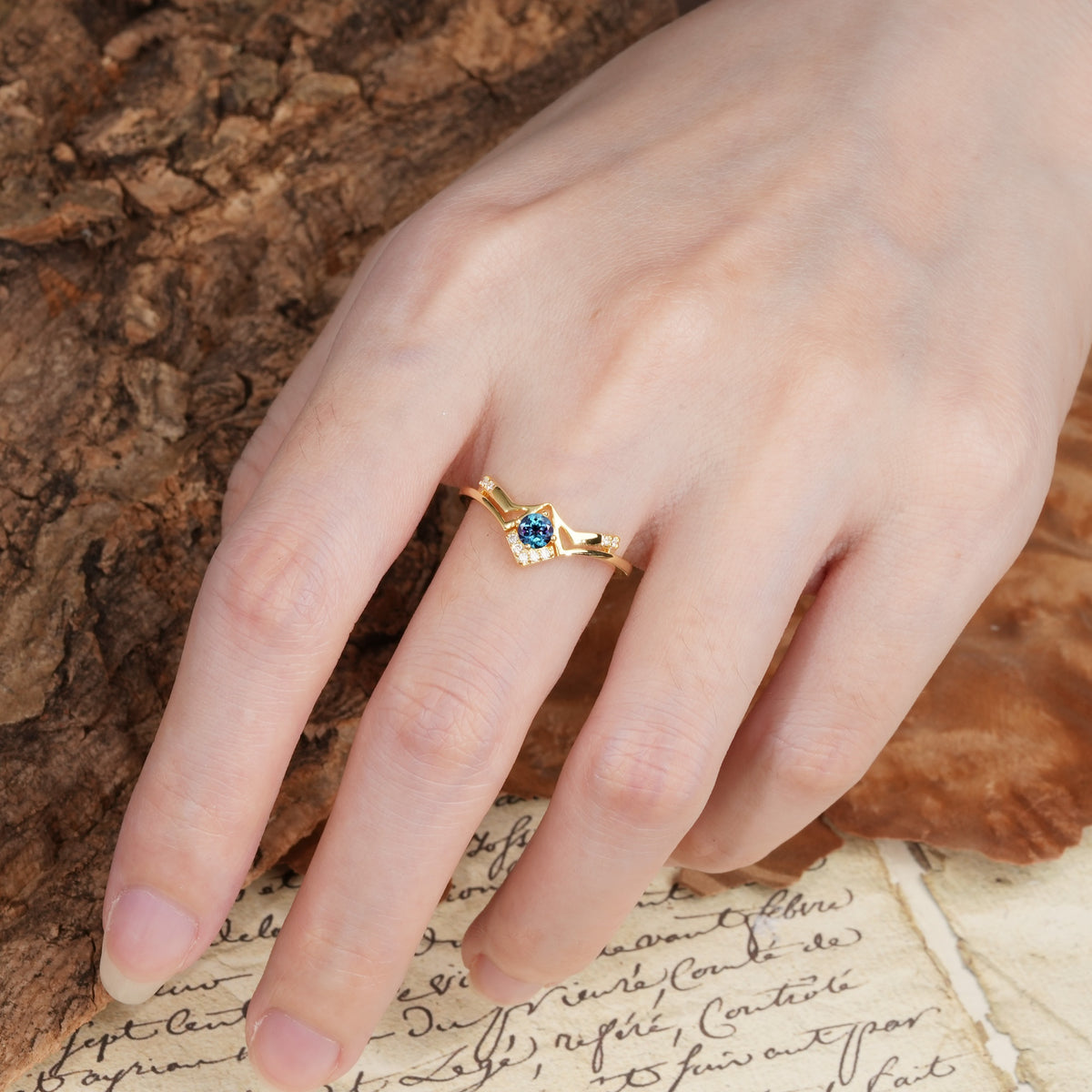 Unique Luxury Crown-Style 4-Prong Round-Cut Three-Stone Alexandrite Engagement Ring - Additional view