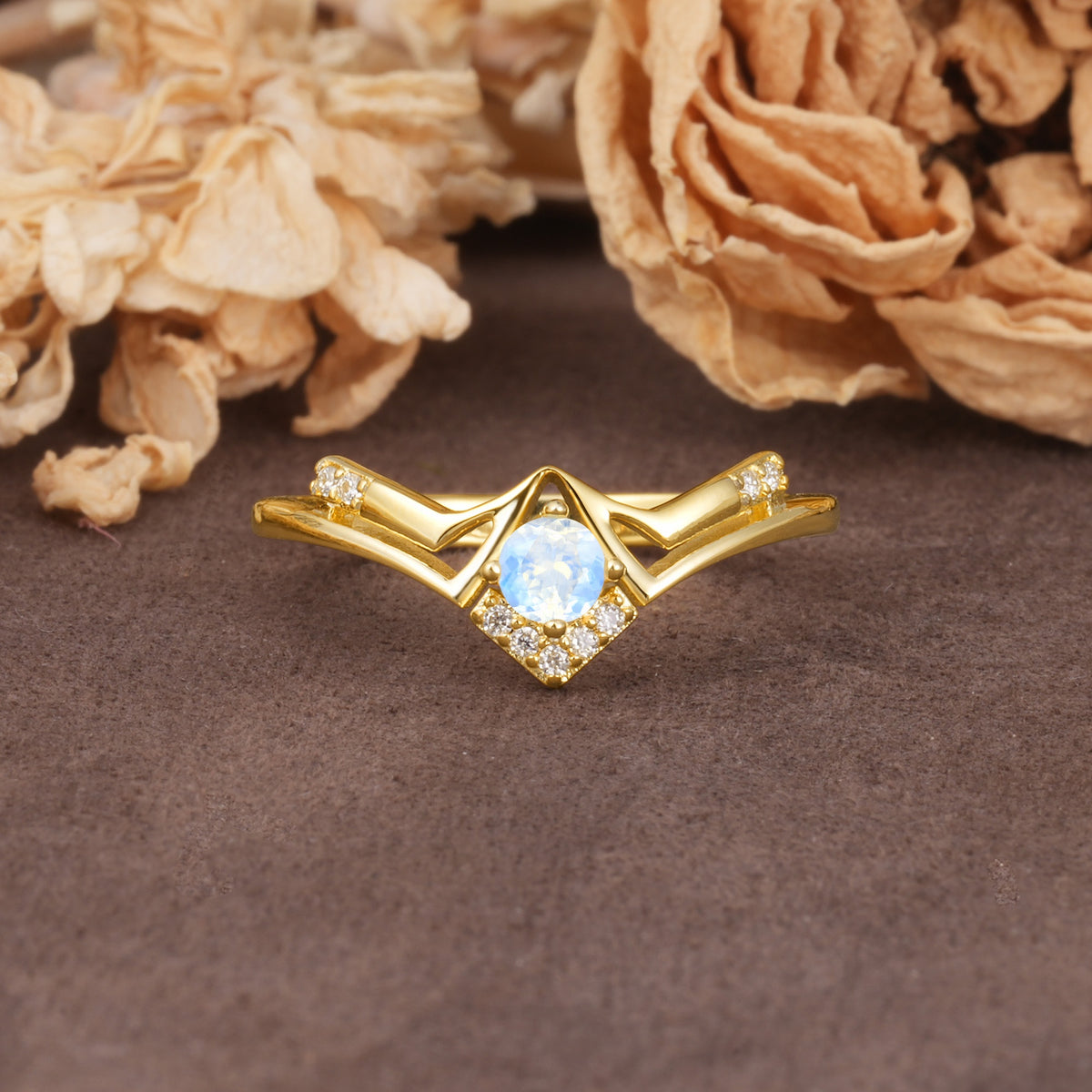Unique Luxury Crown-Style 4-Prong Round-Cut Three-Stone Moonstone Engagement Ring - Additional view
