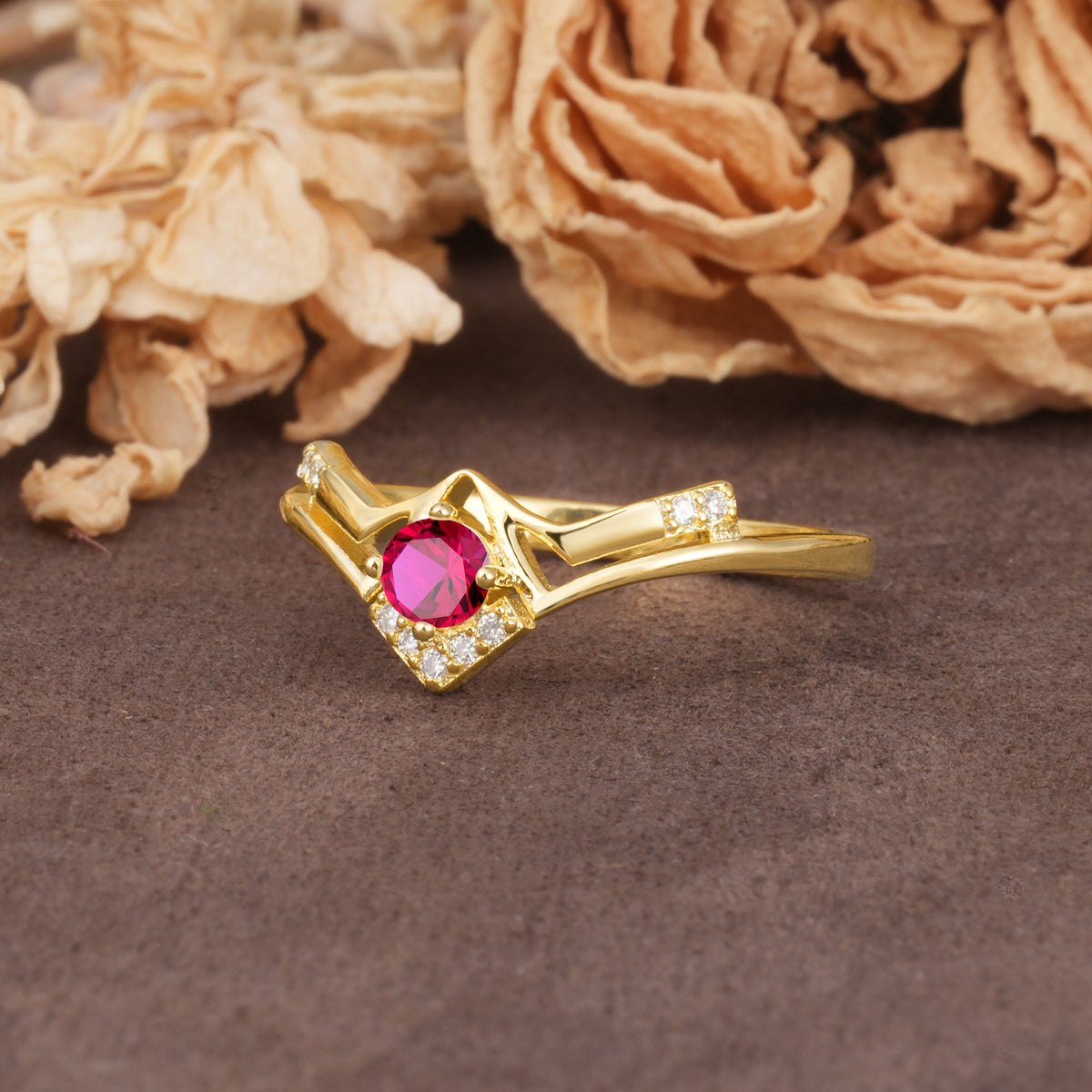 Unique Luxury Crown-Style 4-Prong Round-Cut Three-Stone Ruby Engagement Ring - Additional view